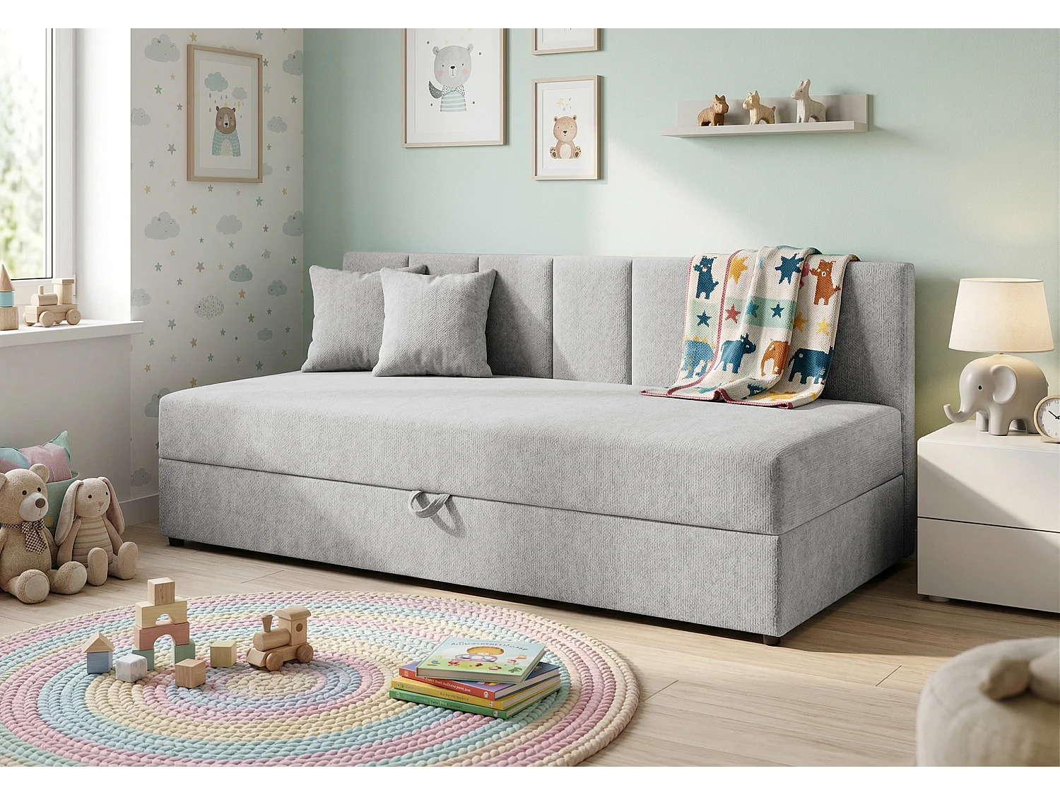 Lit d’appoint avec dossier et grand coffre de rangement en tissu chenille LENNY