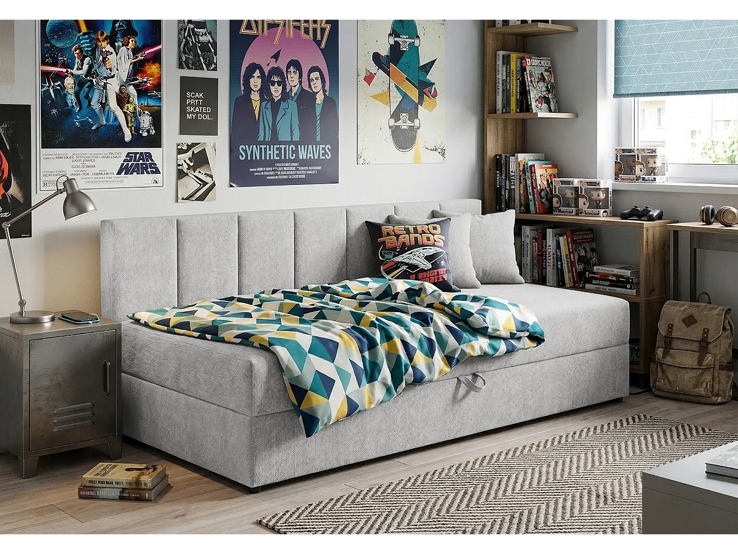 Lit d’appoint avec dossier et grand coffre de rangement en tissu chenille LENNY