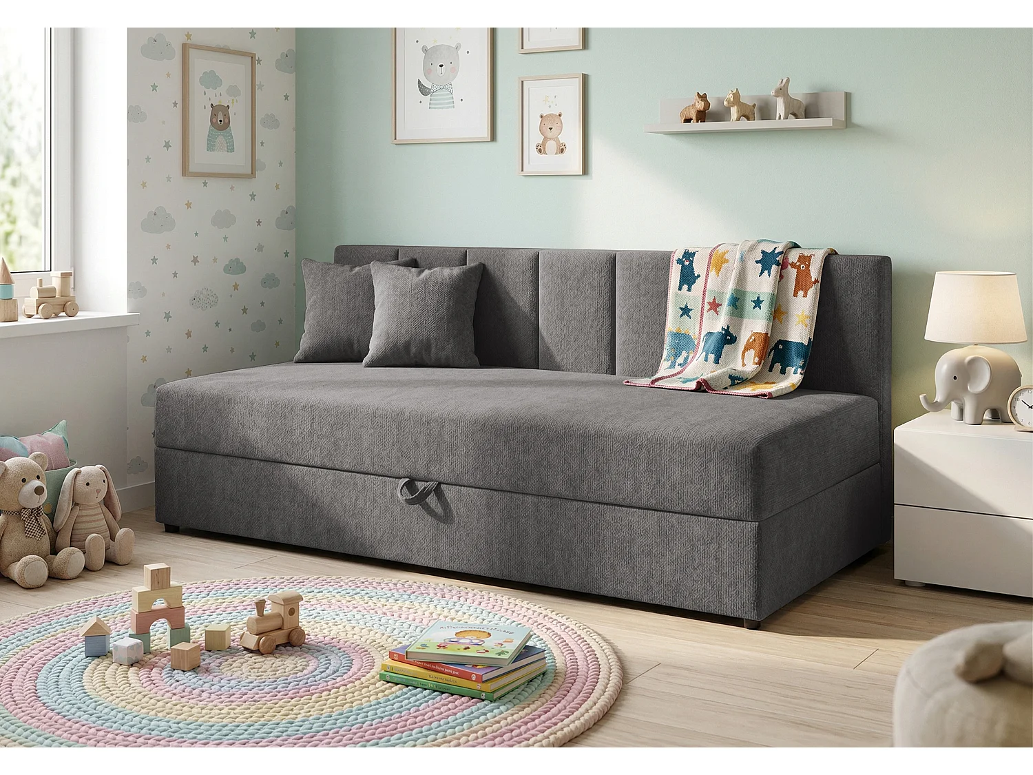 Lit d’appoint avec dossier et grand coffre de rangement en tissu chenille LENNY