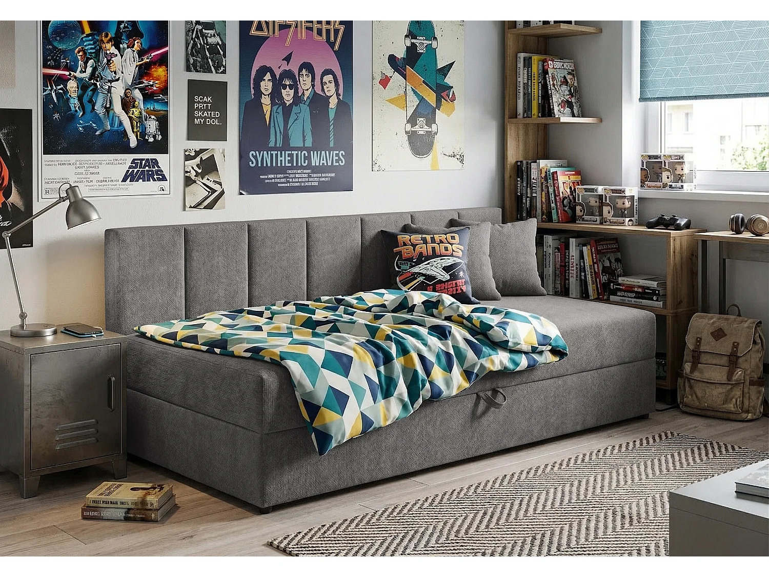 Lit d’appoint avec dossier et grand coffre de rangement en tissu chenille LENNY
