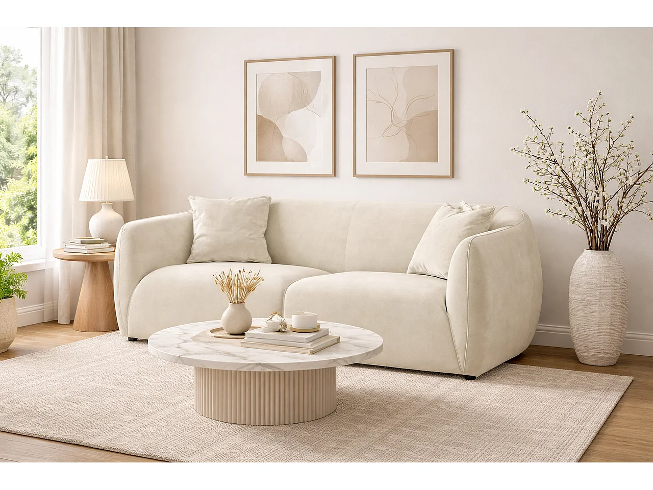 Canapé 3 places Nube + deux coussins décoratifs, crème