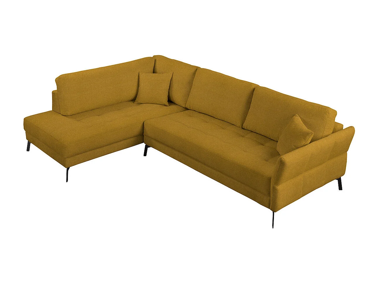 Canapé d'angle gauche Brisa, 3 places plus méridienne + deux coussins décoratifs, jaune