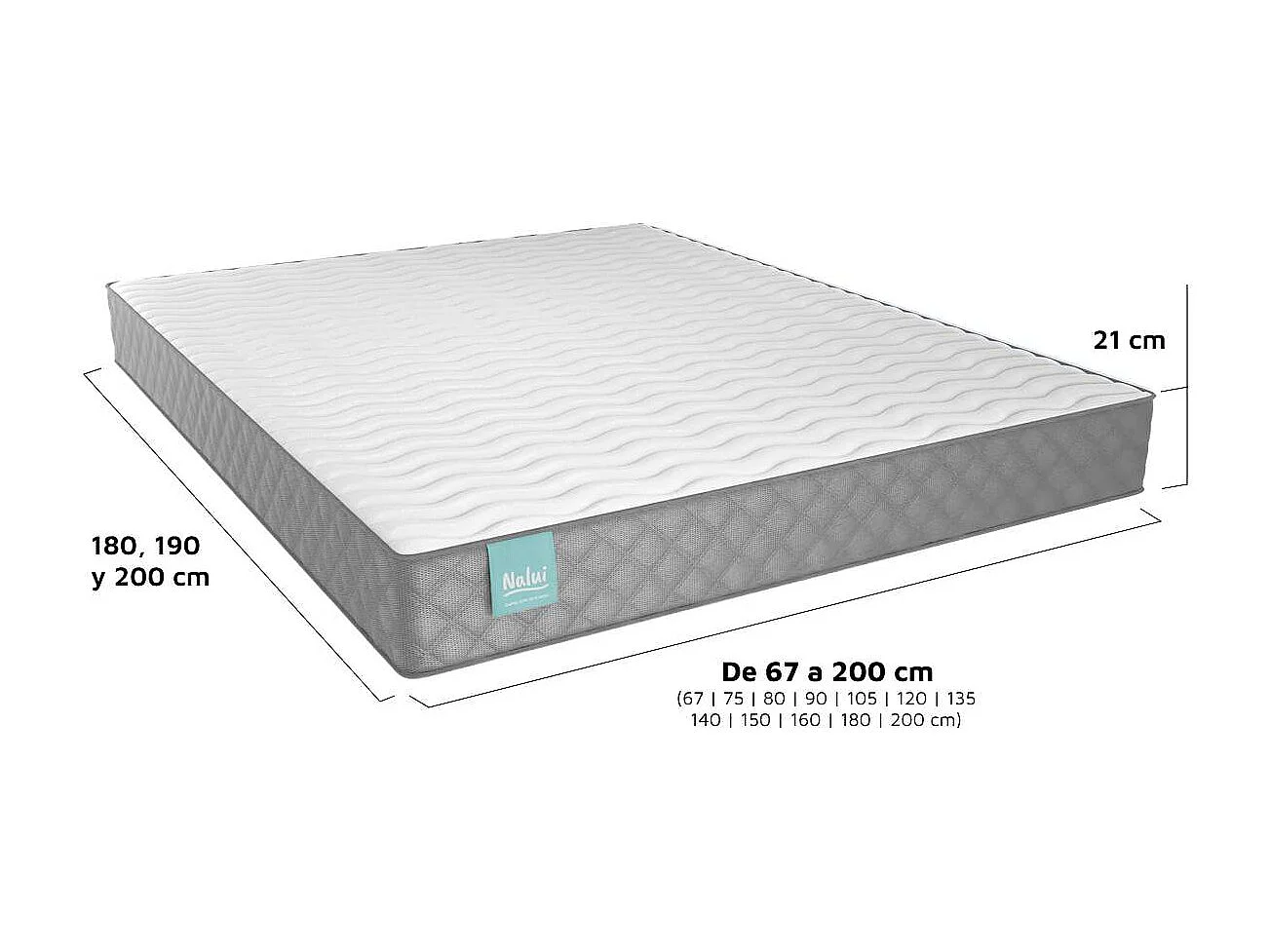 Colchón Viscoelástico 150x190 altura:21cm Gredos Blanco - Nalui