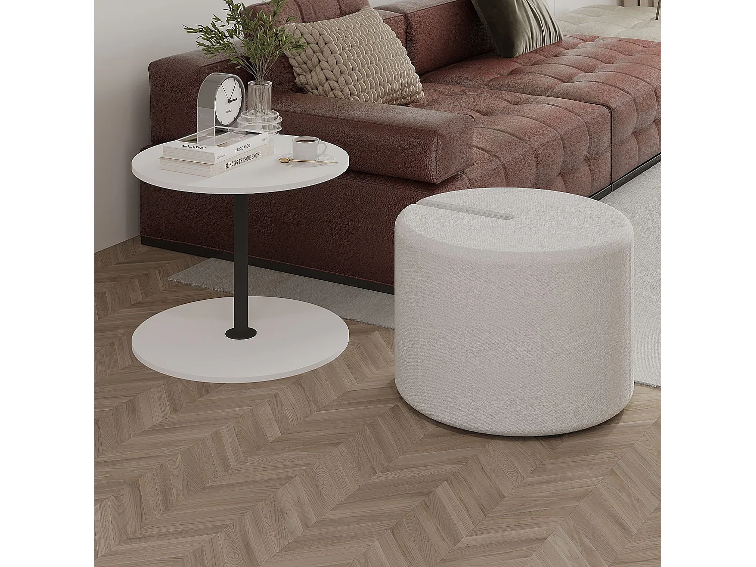 Eleganter Holz-Beistelltisch mit Hocker "Vexana" - Weiß 43 x 43 x 47 cm
