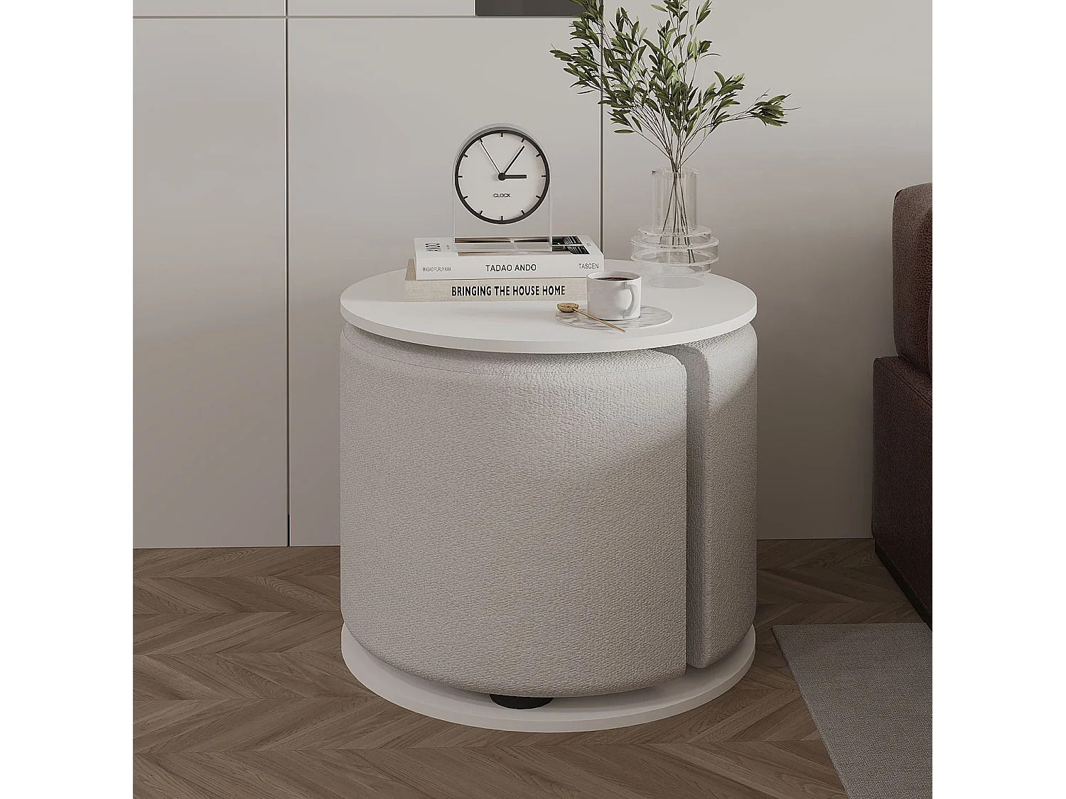 Eleganter Holz-Beistelltisch mit Hocker "Vexana" - Weiß 43 x 43 x 47 cm
