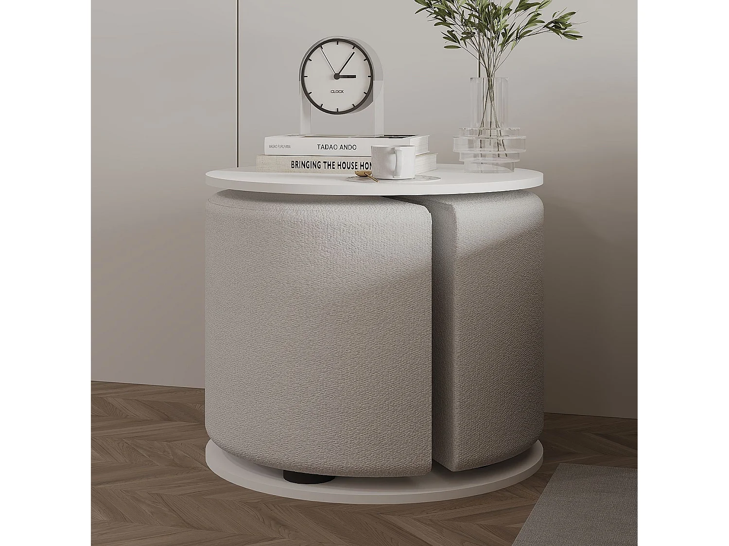 Eleganter Holz-Beistelltisch mit Hocker "Vexana" - Weiß 43 x 43 x 47 cm