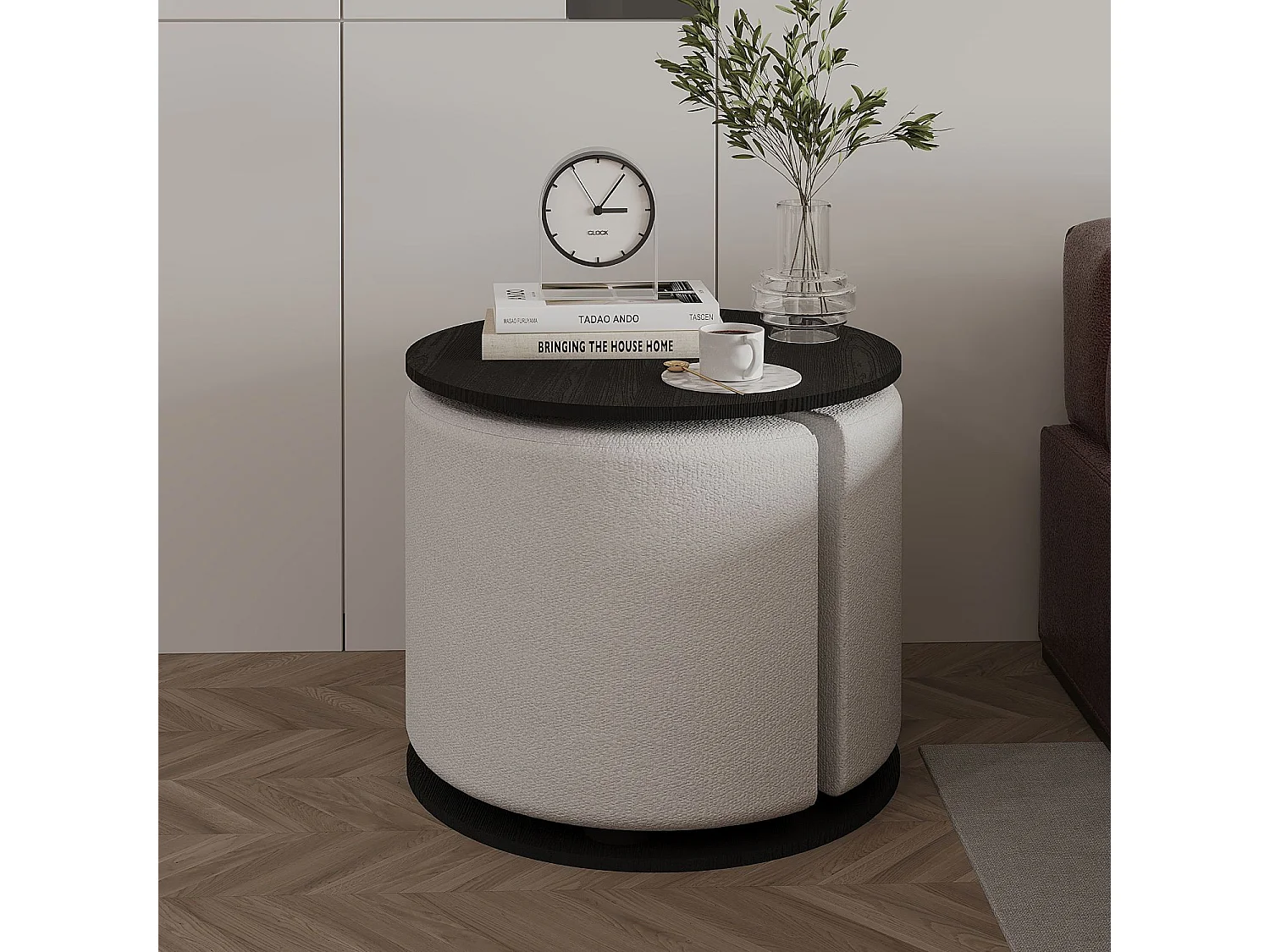 Eleganter "Vexana" Holz-Beistelltisch mit Hocker - Schwarz - 43 x 43 x 47 cm