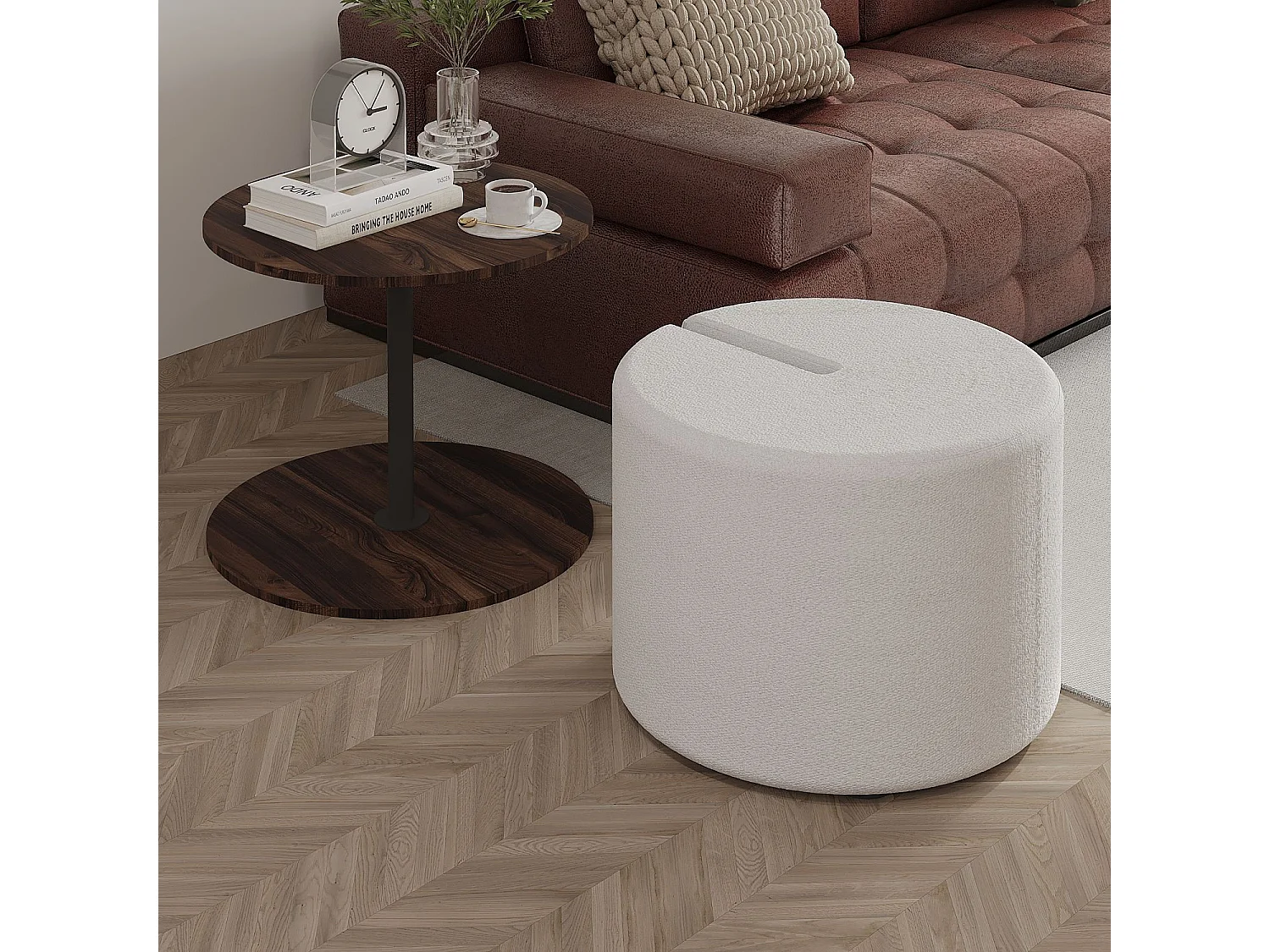 Eleganter Holz-Beistelltisch mit Pouf "Vexana" - Braun - 43 x 43 x 47 cm
