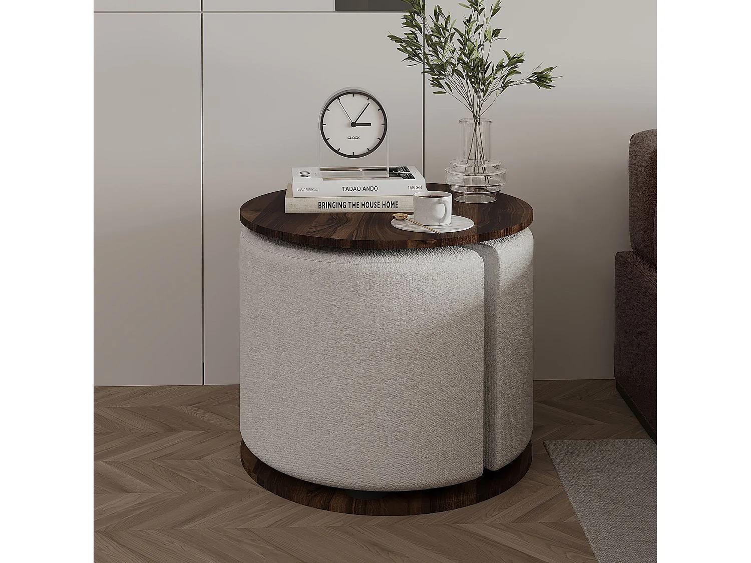 Eleganter Holz-Beistelltisch mit Pouf "Vexana" - Braun - 43 x 43 x 47 cm