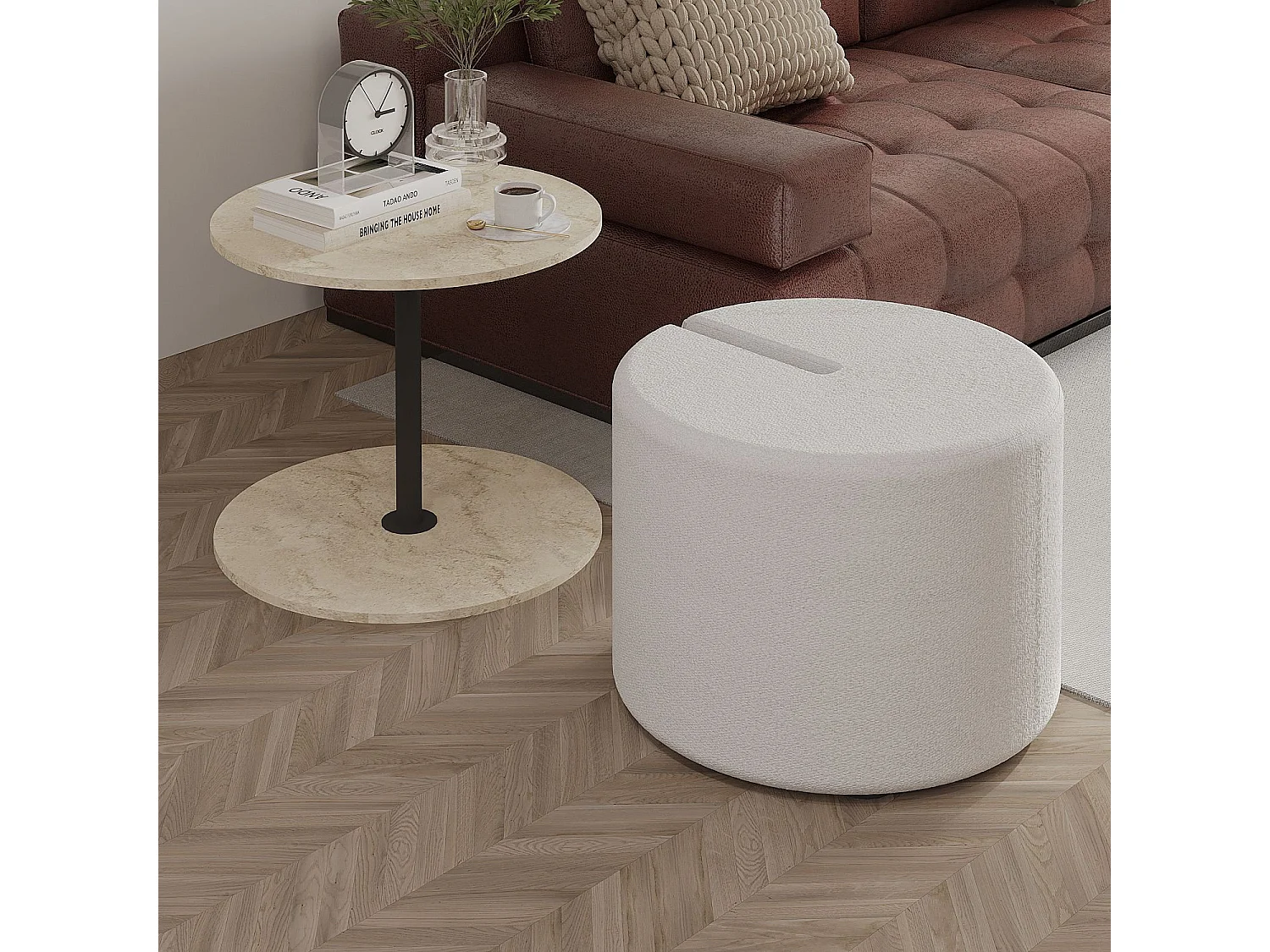 Eleganter Holz-Beistelltisch mit Pouf "Vexana" - Travertin-Finish - Hanah Home Kollektion