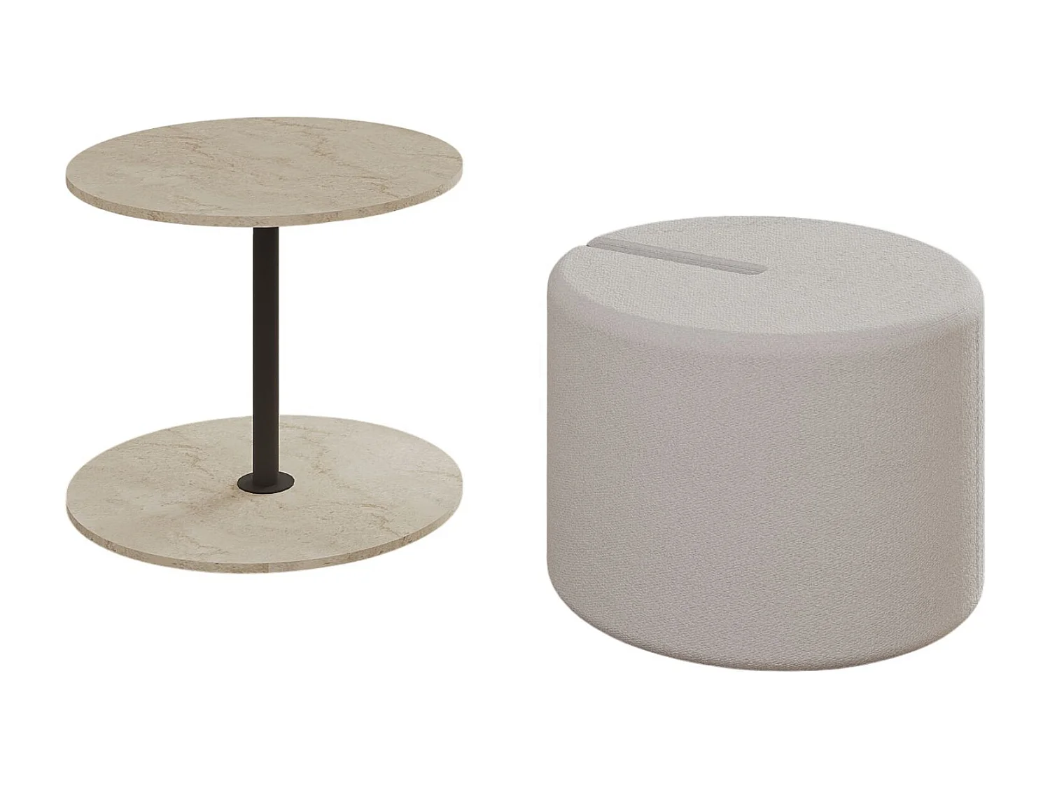 Eleganter Holz-Beistelltisch mit Pouf "Vexana" - Travertin-Finish - Hanah Home Kollektion