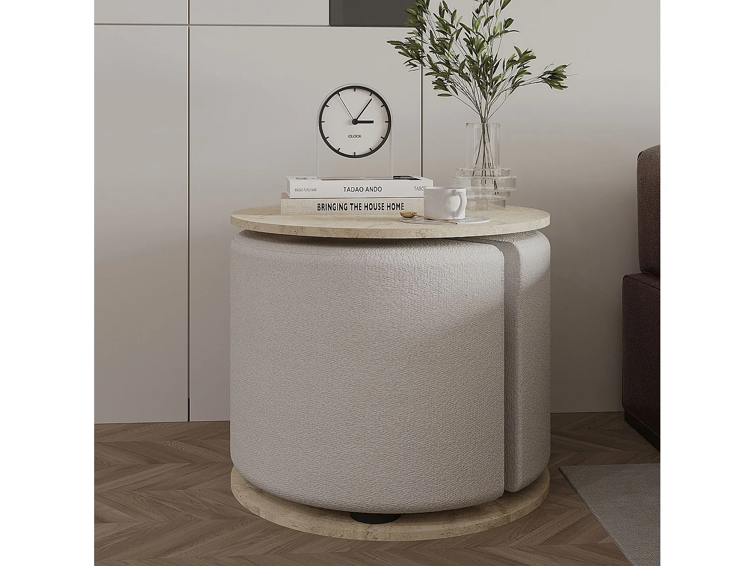 Eleganter Holz-Beistelltisch mit Pouf "Vexana" - Travertin-Finish - Hanah Home Kollektion