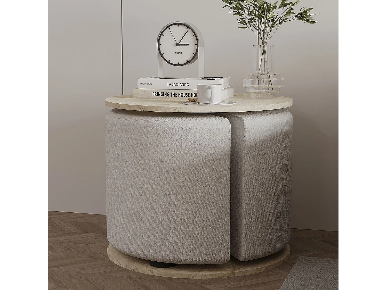 Eleganter Holz-Beistelltisch mit Pouf "Vexana" - Travertin-Finish - Hanah Home Kollektion
