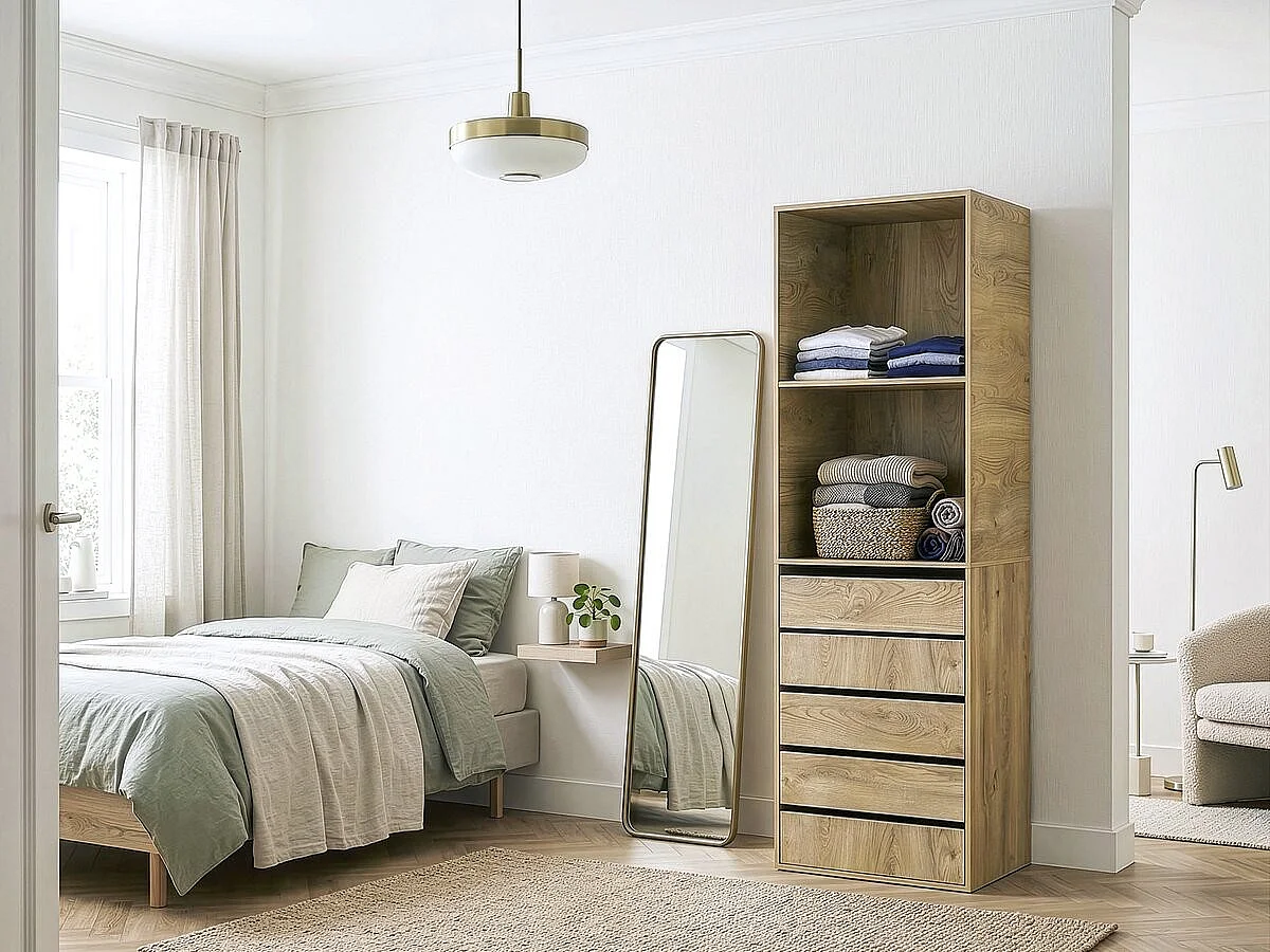 Armoire avec 5 tiroirs et 2 étagères "Opéra" - 60 x 45 x 180 cm - Beige