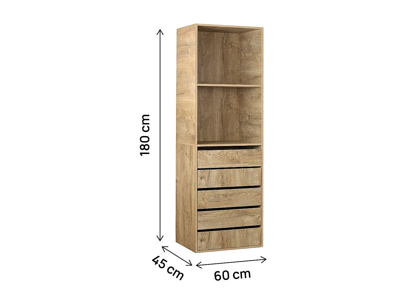 Armoire avec 5 tiroirs et 2 étagères "Opéra" - 60 x 45 x 180 cm - Beige