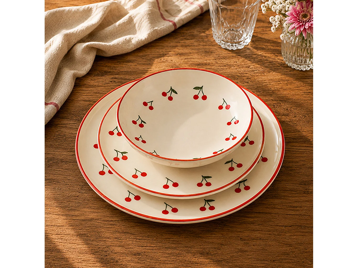 Novastyl - Lot 6 Assiettes Creuses Cerise 20.5cm En Grès