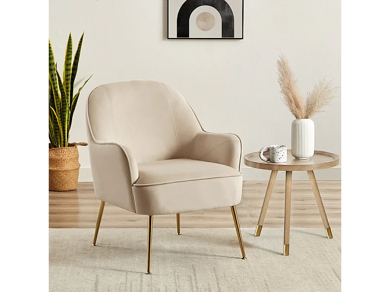 Fauteuil MARCELINO en velours beige avec piètement doré
