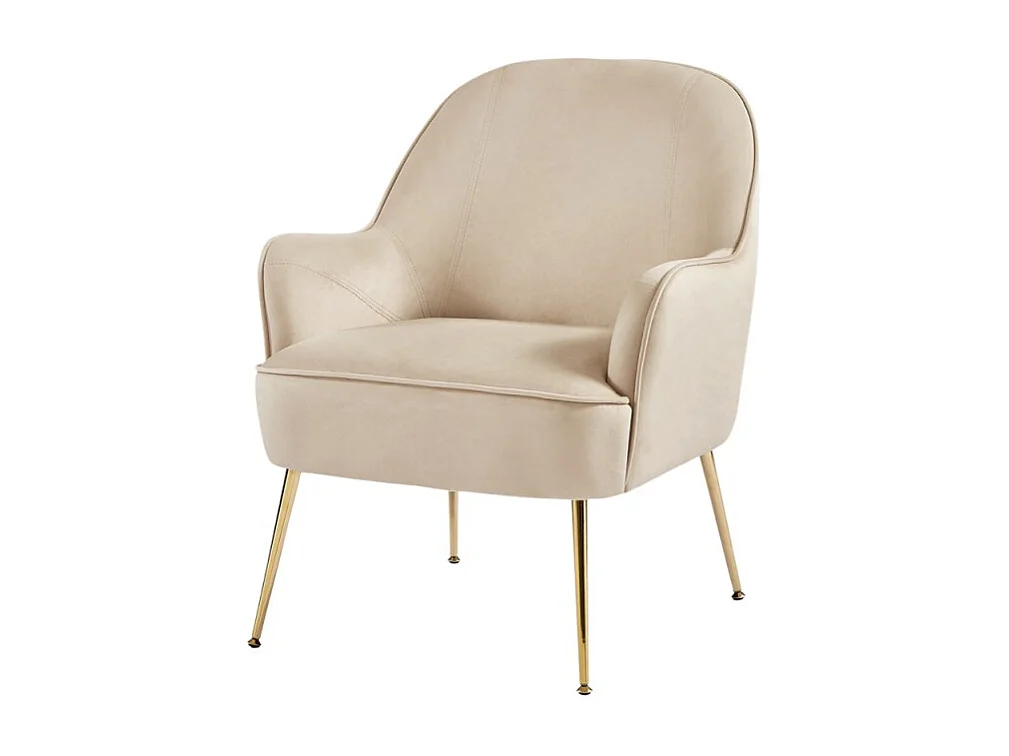 Fauteuil MARCELINO en velours beige avec piètement doré