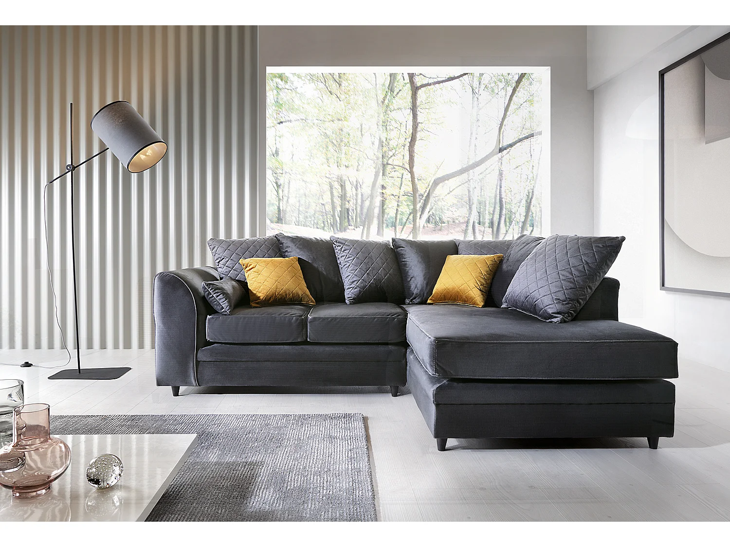 Chicago Velvet Right Facing Corner Sofa in Dark Grey
