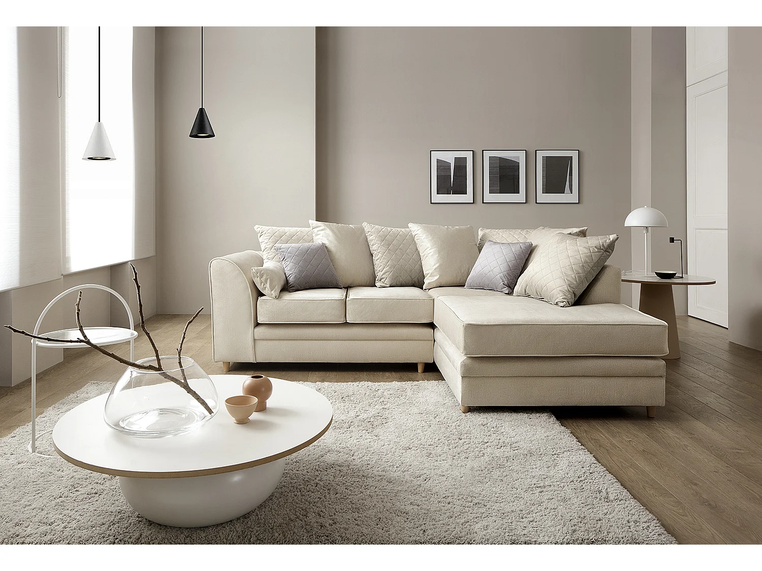 Chicago Velvet Right Facing Corner Sofa in Cream