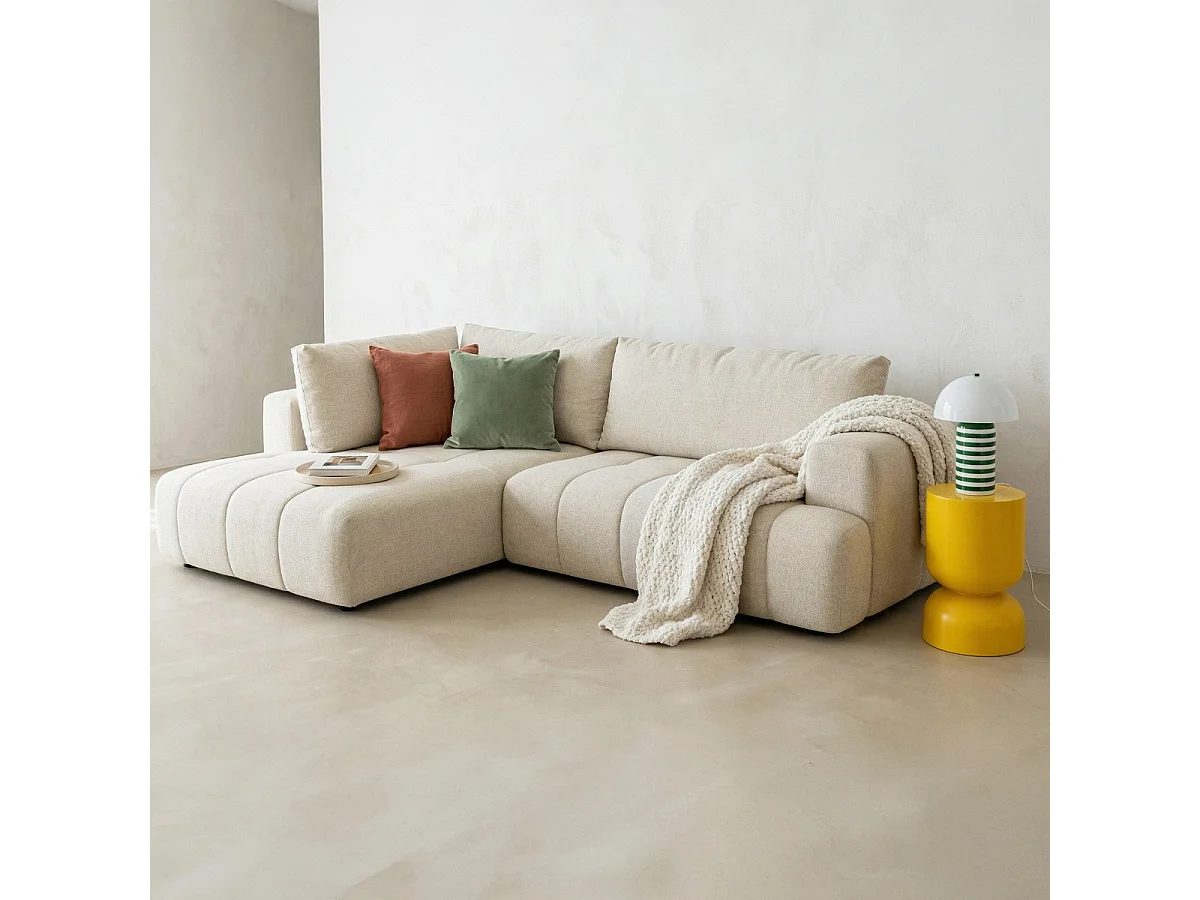 Canapé d'angle à gauche convertible 4 places en tissu chenille beige - ouverture rapide - Brera