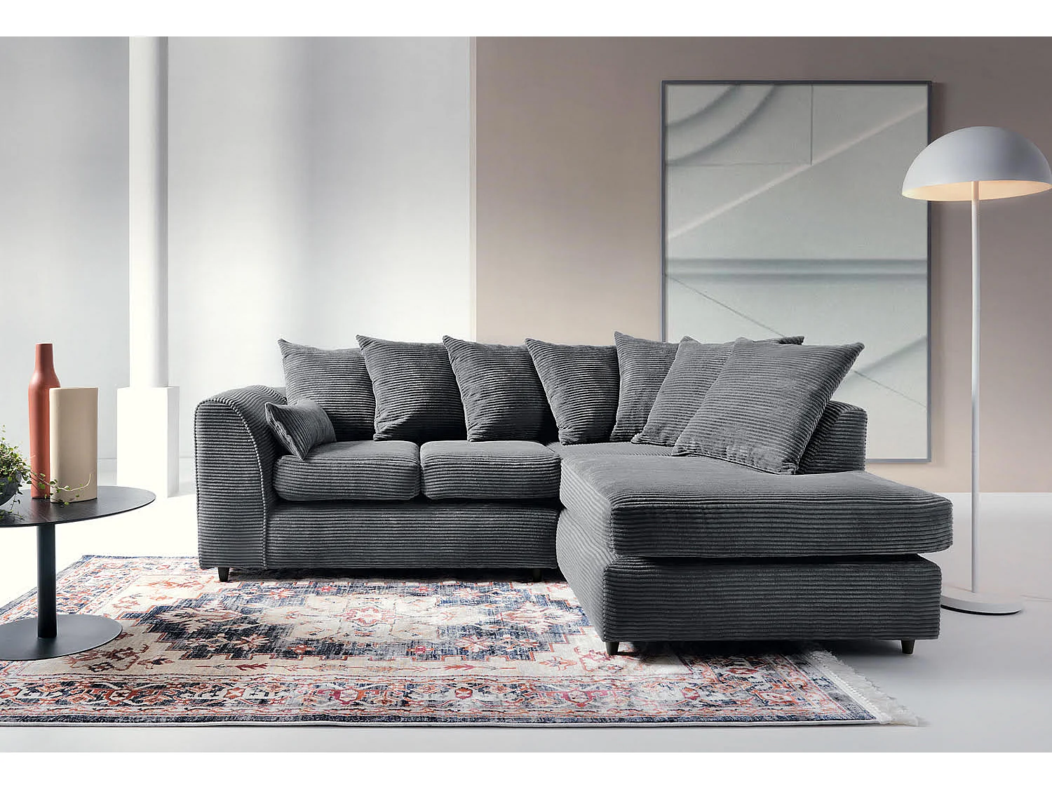 Jumbo Cord Fabric Corner Sofa with Scatter Cushions Right Facing Grey