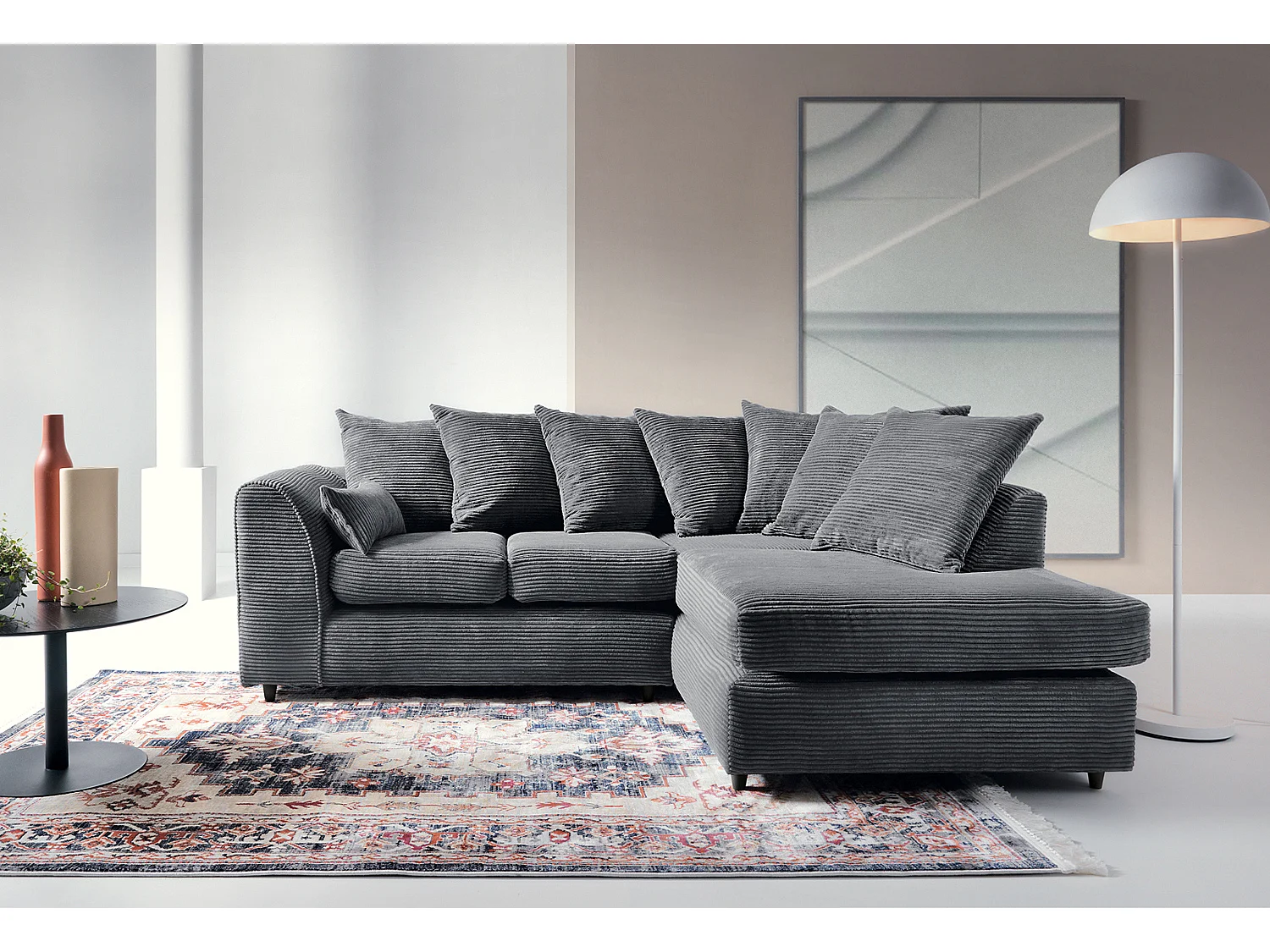 Jumbo Cord Fabric Corner Sofa with Scatter Cushions Right Facing Grey