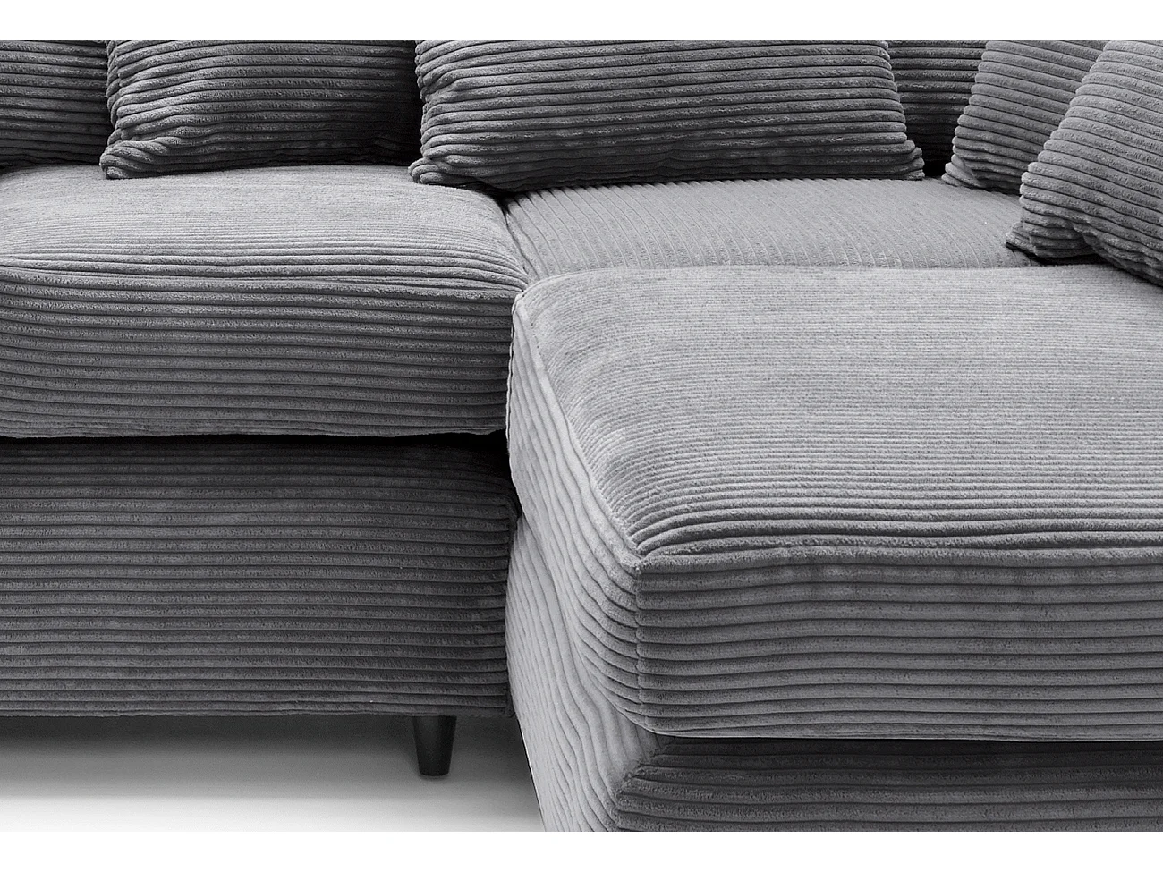 Jumbo Cord Fabric Corner Sofa with Scatter Cushions Right Facing Grey
