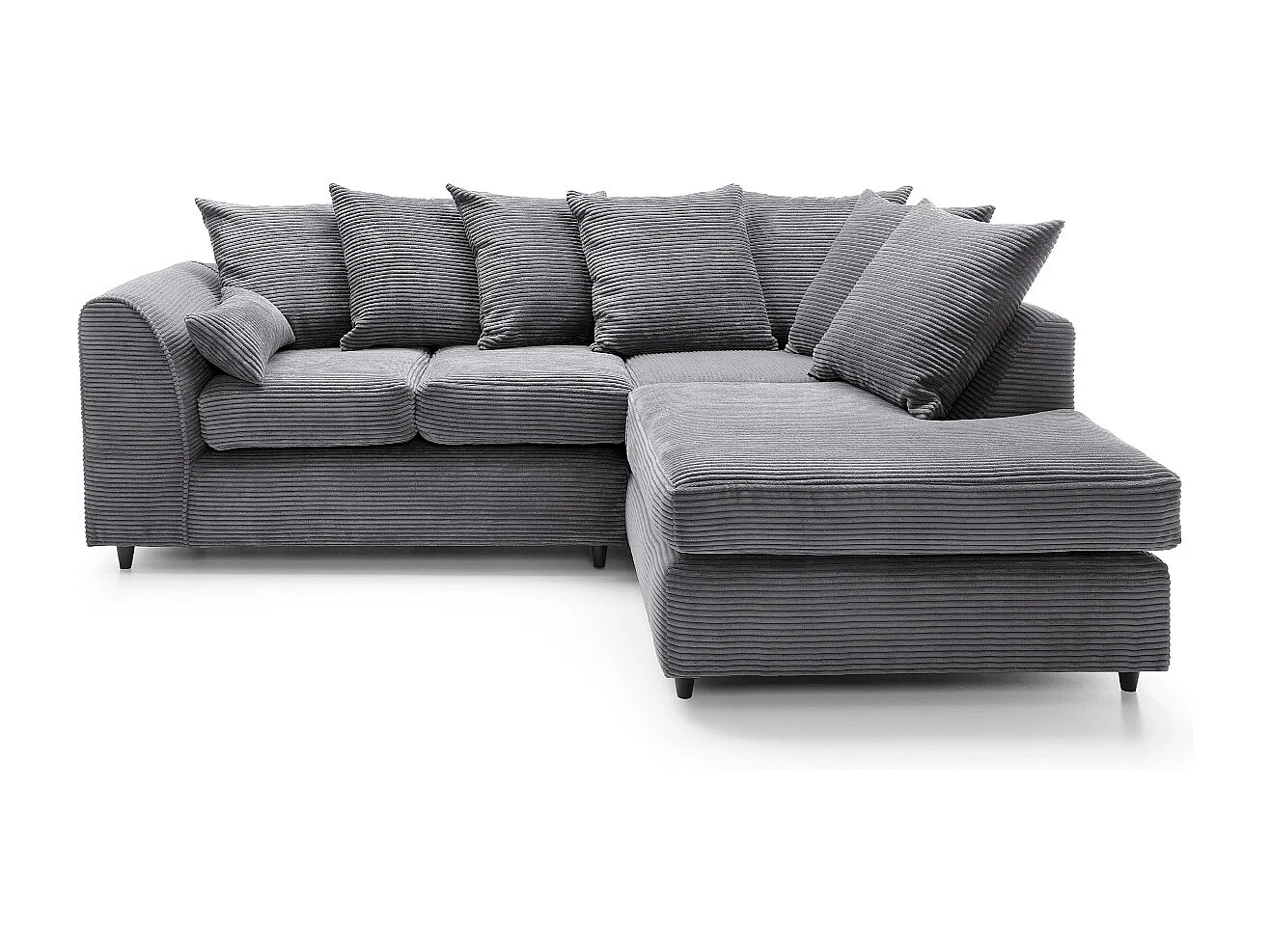 Jumbo Cord Fabric Corner Sofa with Scatter Cushions Right Facing Grey