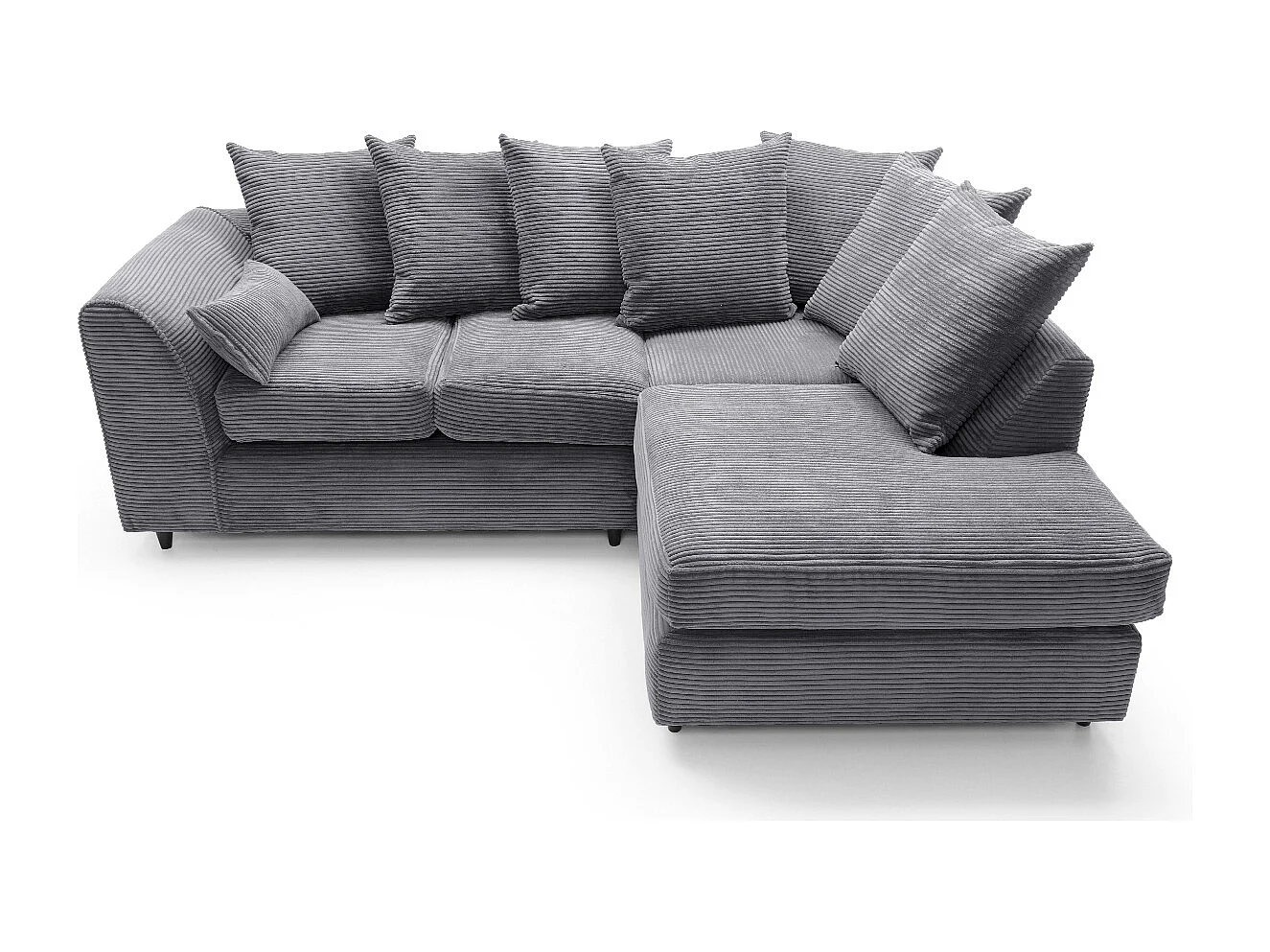 Jumbo Cord Fabric Corner Sofa with Scatter Cushions Right Facing Grey