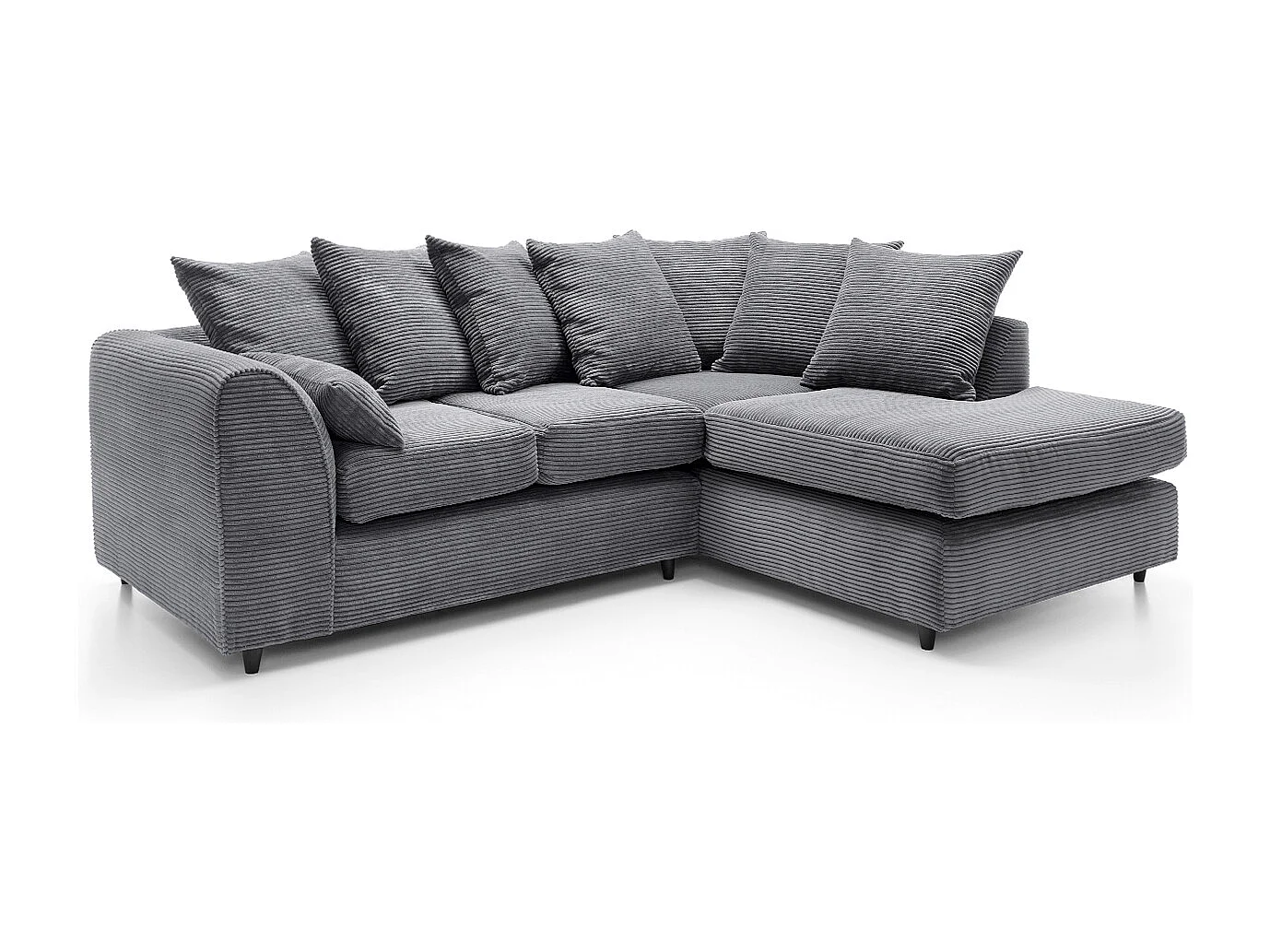 Jumbo Cord Fabric Corner Sofa with Scatter Cushions Right Facing Grey