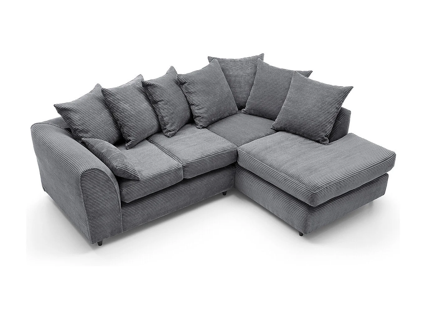 Jumbo Cord Fabric Corner Sofa with Scatter Cushions Right Facing Grey