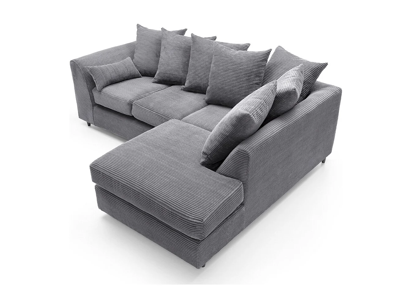 Jumbo Cord Fabric Corner Sofa with Scatter Cushions Right Facing Grey