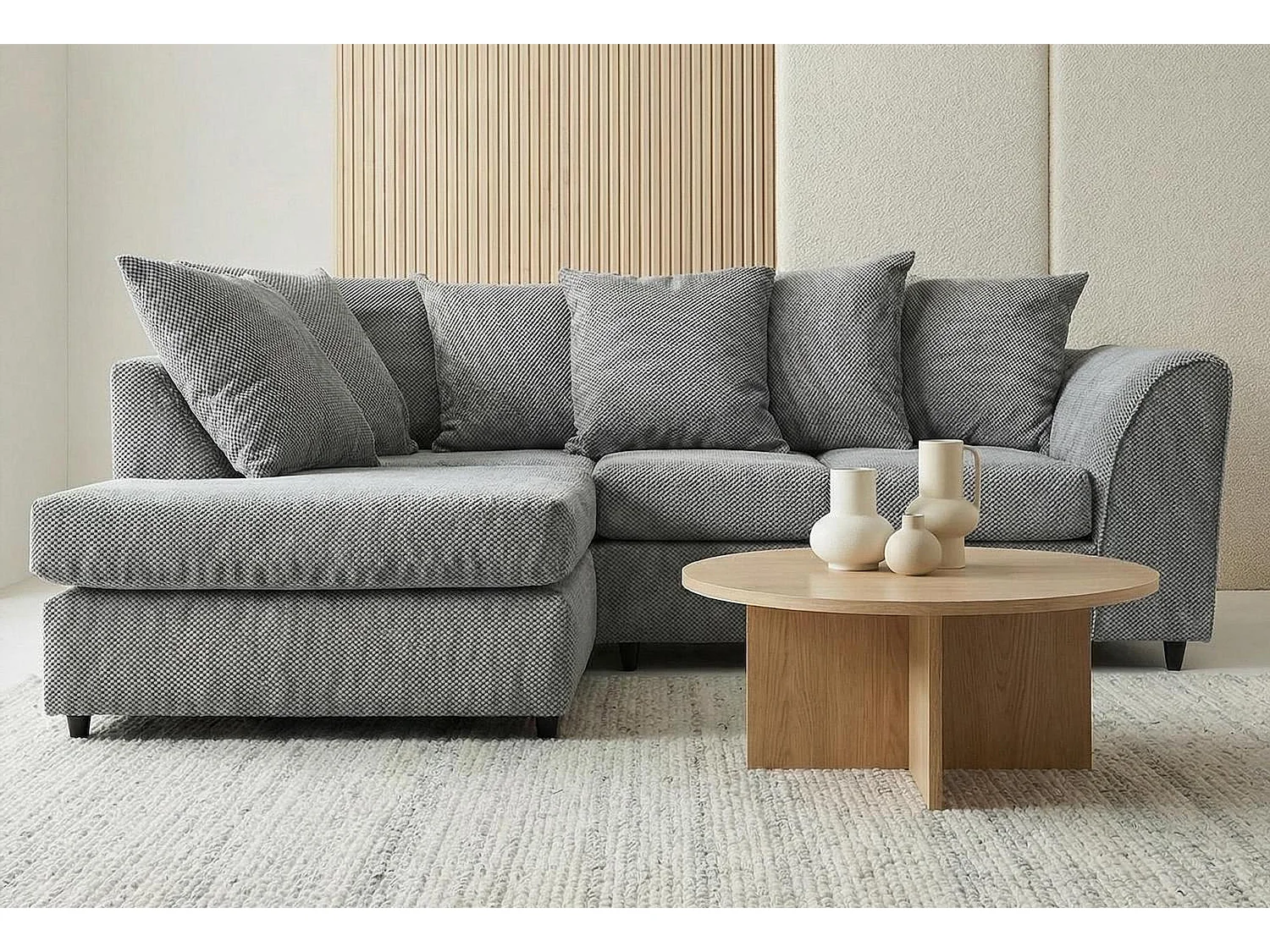 Jumbo Grid-Textured Fabric Corner Sofa with Scatter Cushions Left Facing Light Grey
