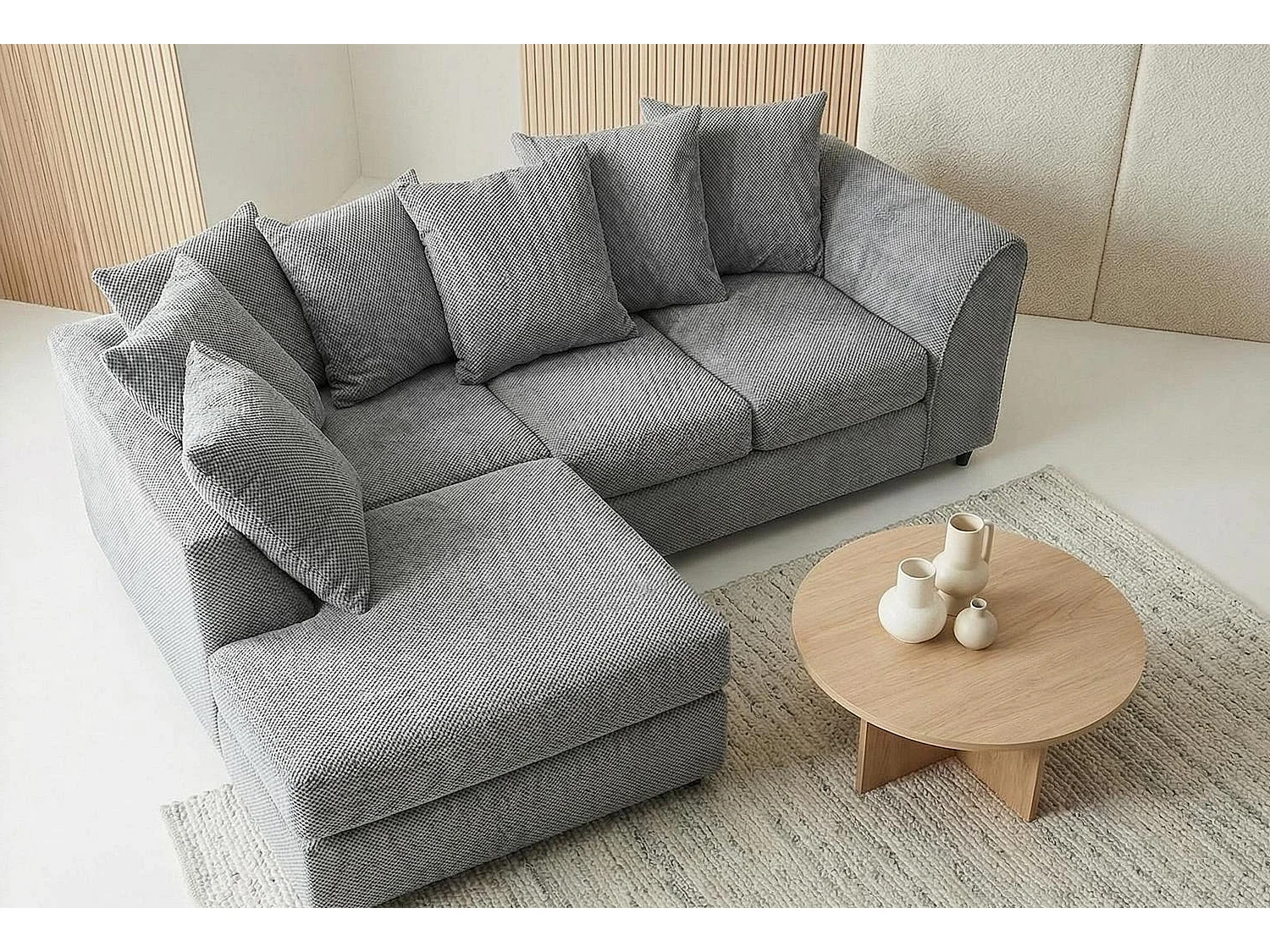 Jumbo Grid-Textured Fabric Corner Sofa with Scatter Cushions Left Facing Light Grey