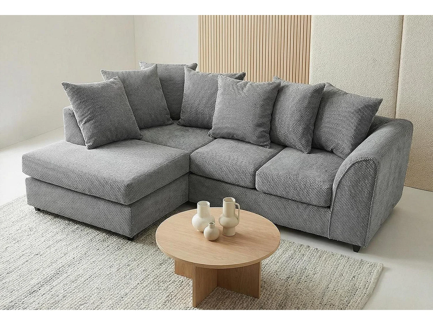Jumbo Grid-Textured Fabric Corner Sofa with Scatter Cushions Left Facing Light Grey