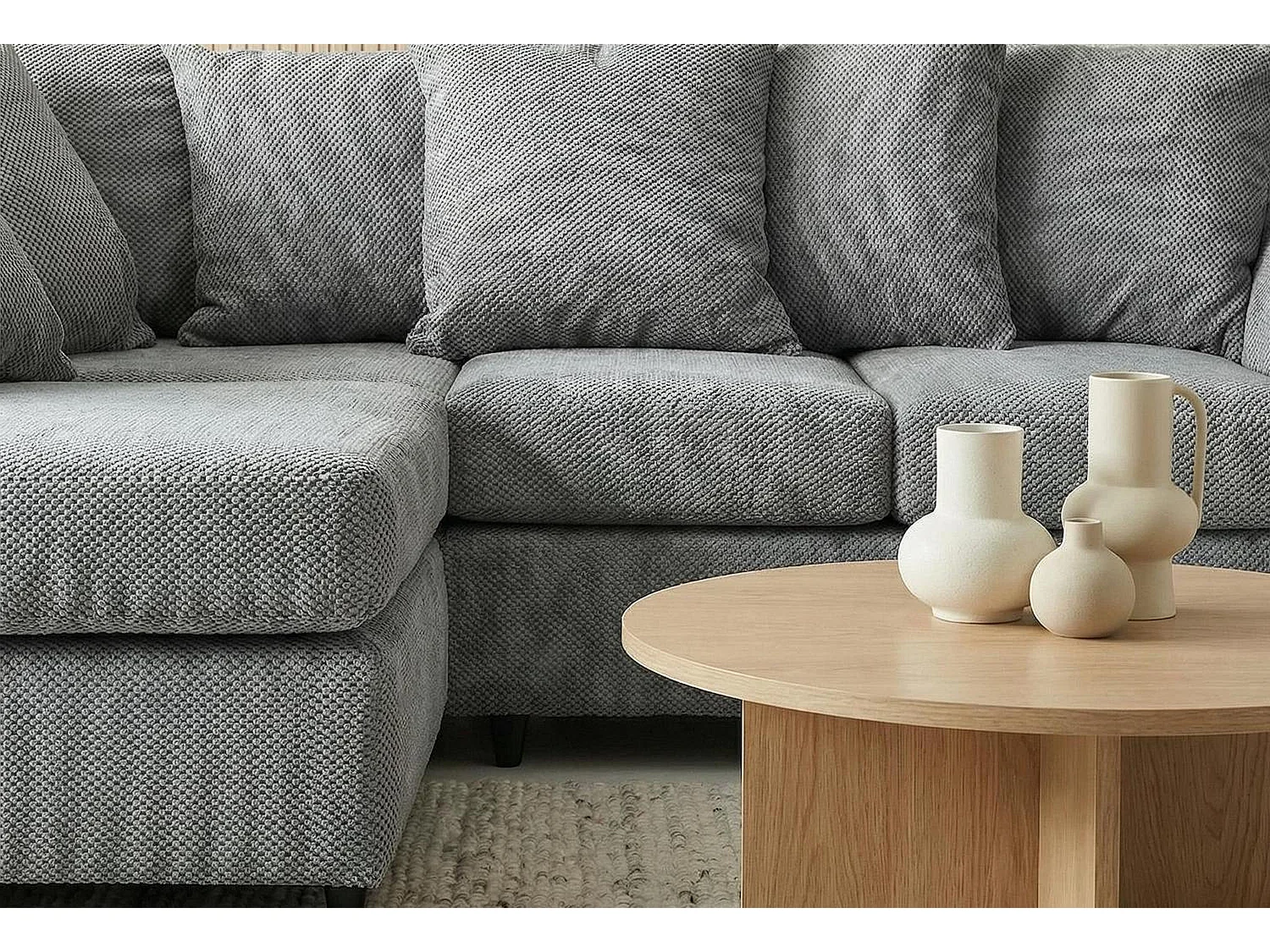 Jumbo Grid-Textured Fabric Corner Sofa with Scatter Cushions Left Facing Light Grey