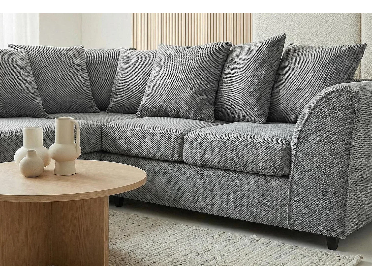 Jumbo Grid-Textured Fabric Corner Sofa with Scatter Cushions Left Facing Light Grey