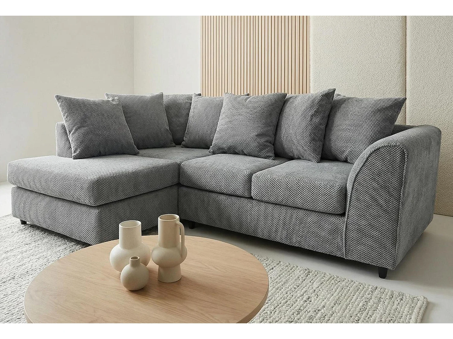 Jumbo Grid-Textured Fabric Corner Sofa with Scatter Cushions Left Facing Light Grey