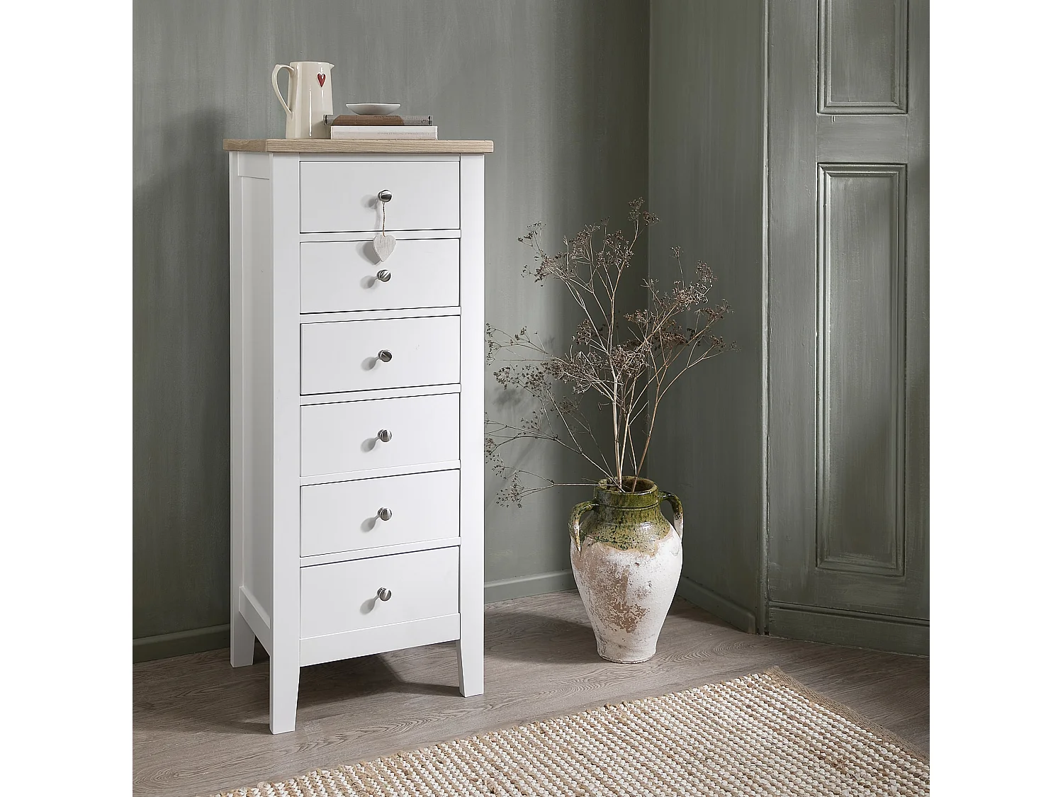 Noa & Nani Leines 6 Drawer Tall Chest of Drawers in White & Oak