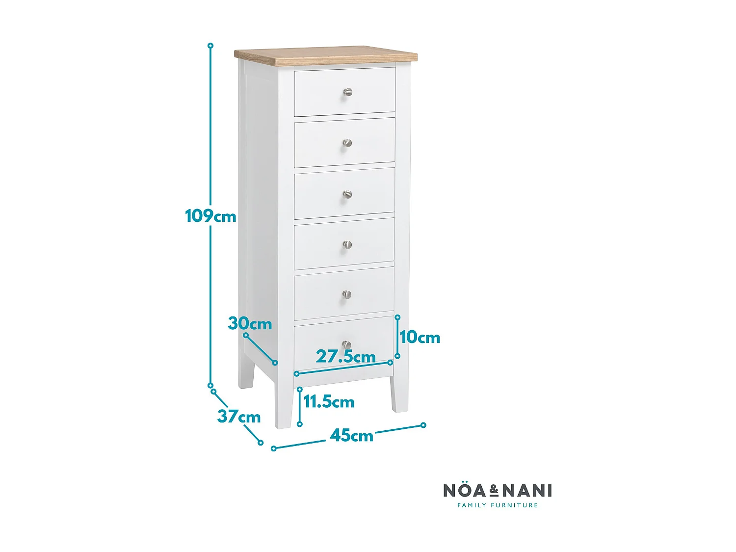 Noa & Nani Leines 6 Drawer Tall Chest of Drawers in White & Oak