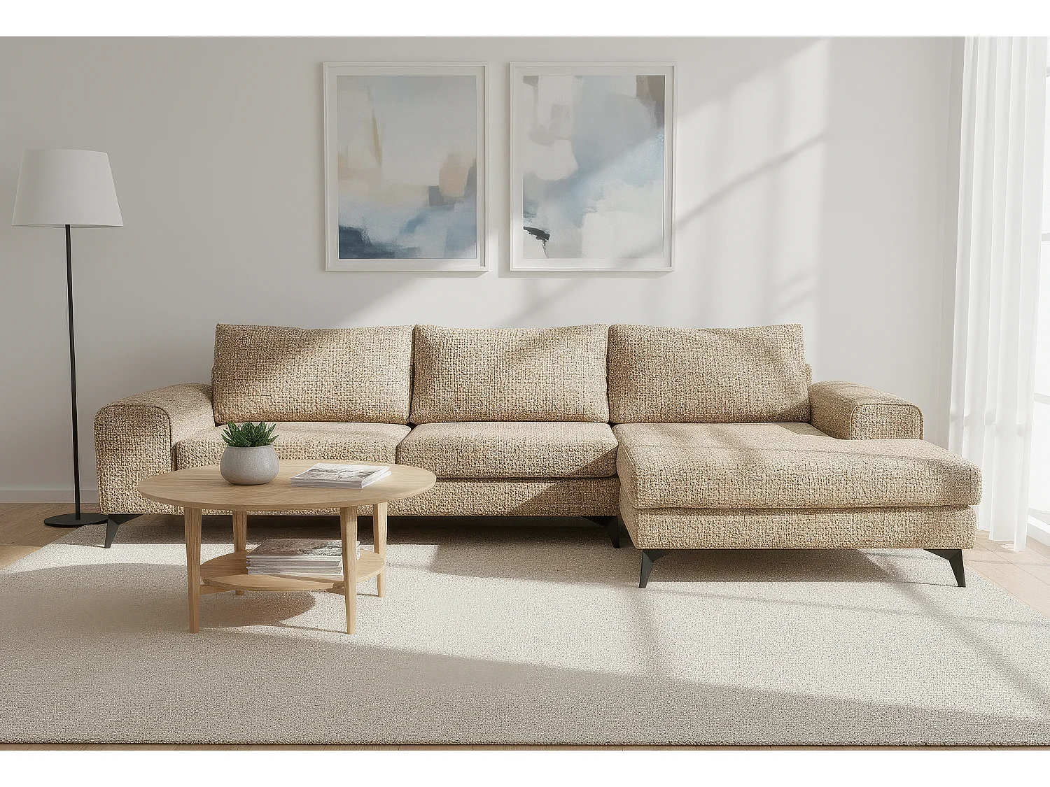 Venice Basket Weave Corner Sofa Right Facing in Beige
