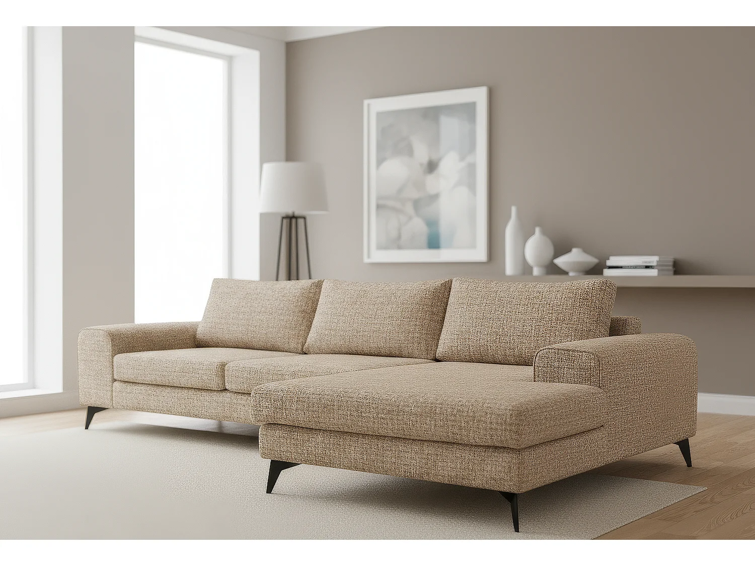 Venice Basket Weave Corner Sofa Right Facing in Beige