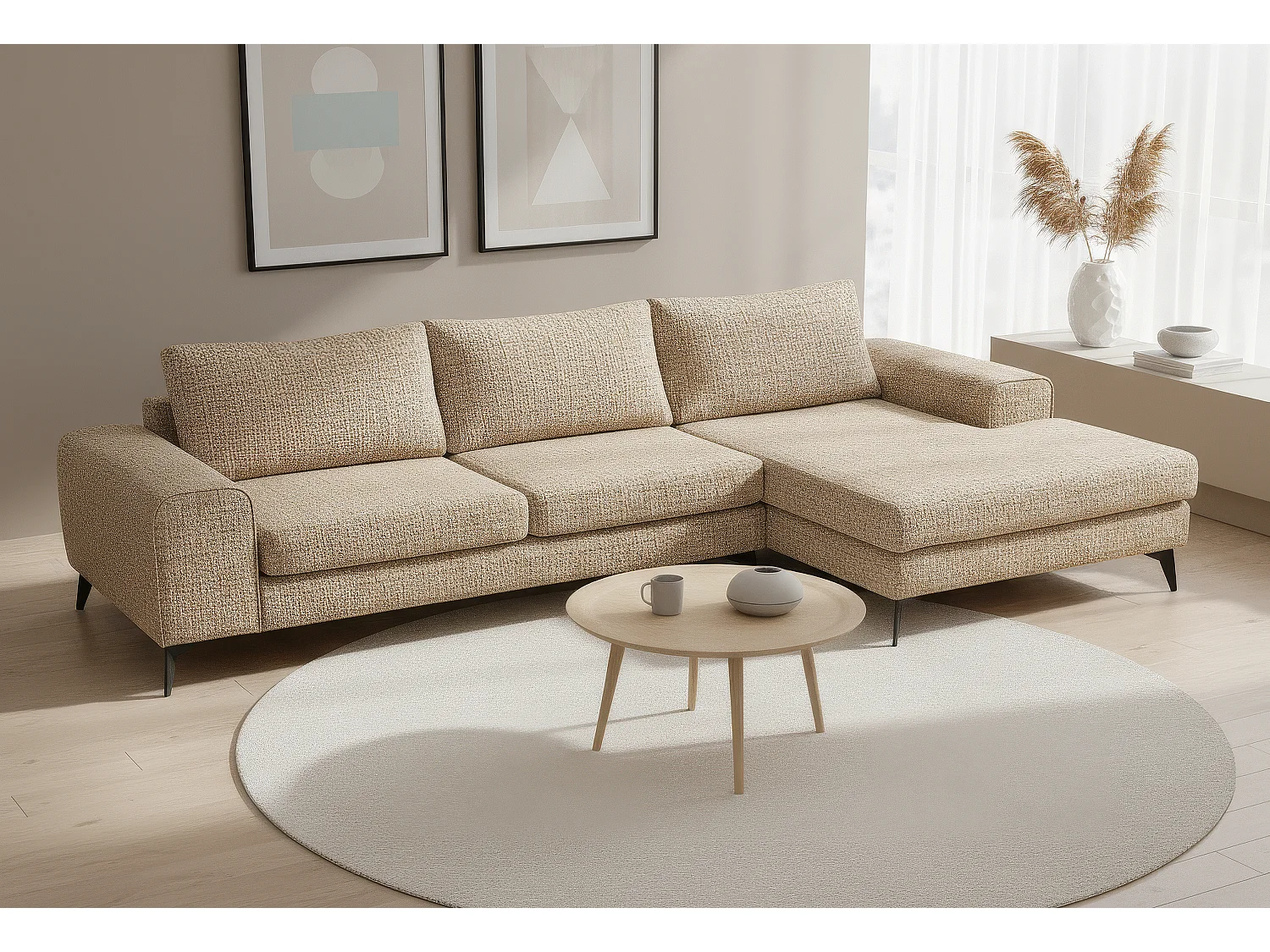 Venice Basket Weave Corner Sofa Right Facing in Beige