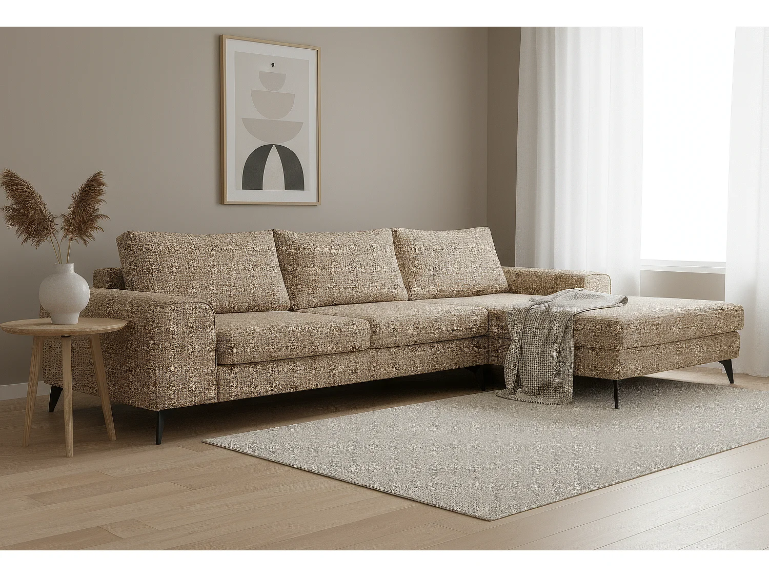 Venice Basket Weave Corner Sofa Right Facing in Beige