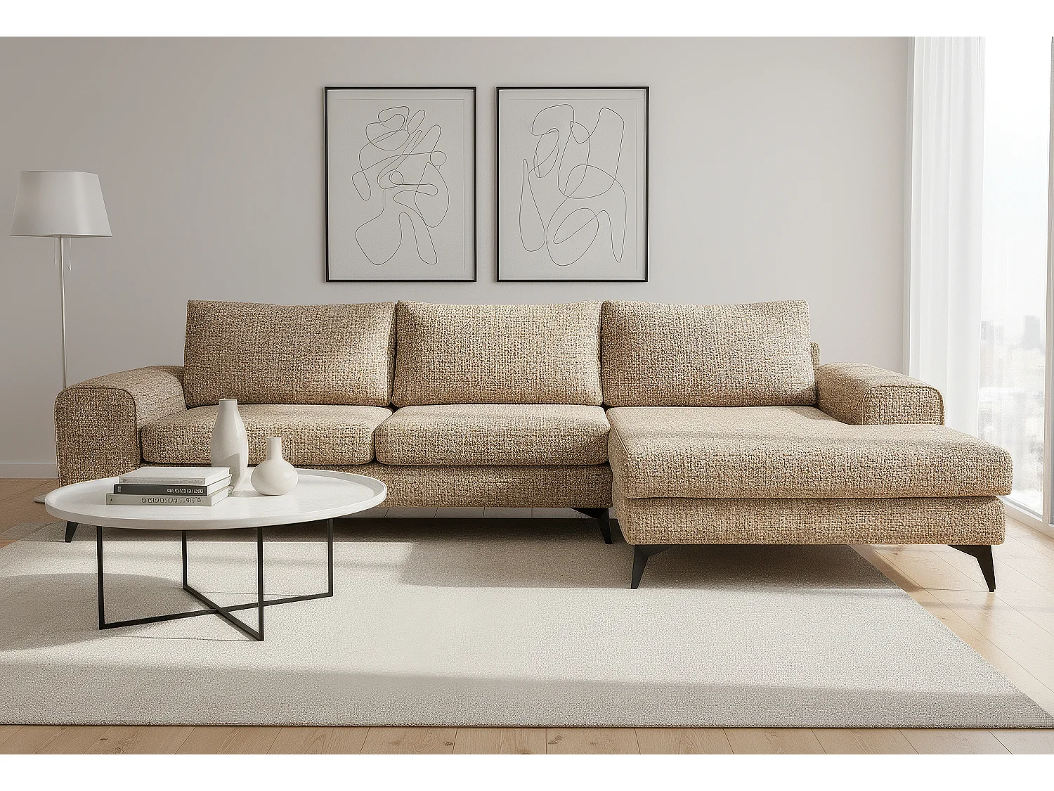 Venice Basket Weave Corner Sofa Right Facing in Beige
