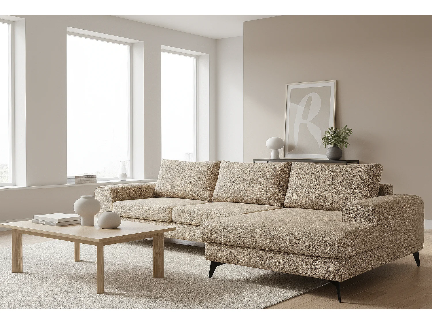 Venice Basket Weave Corner Sofa Right Facing in Beige