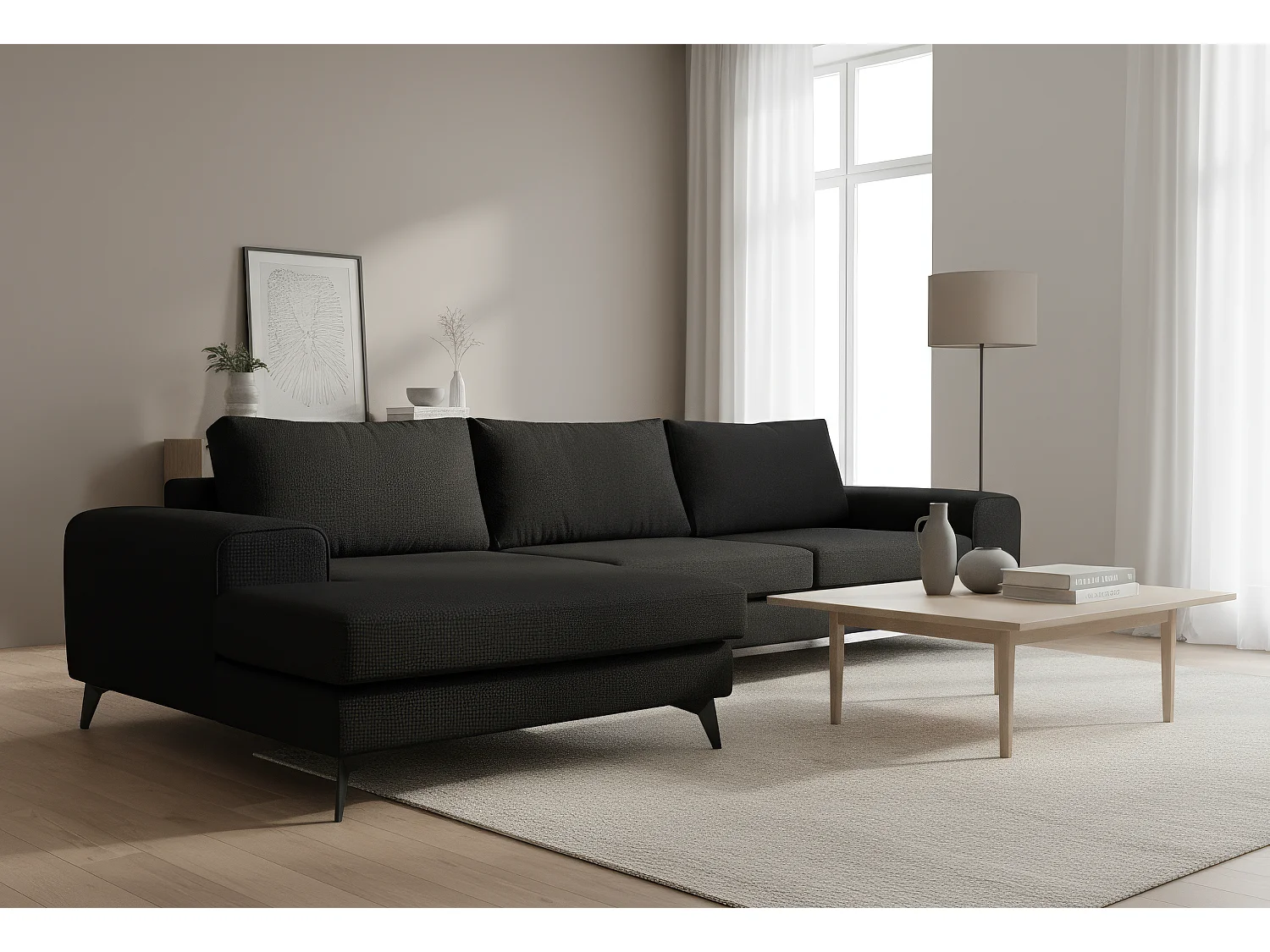 Venice Basket Weave Corner Sofa Left Facing in Black