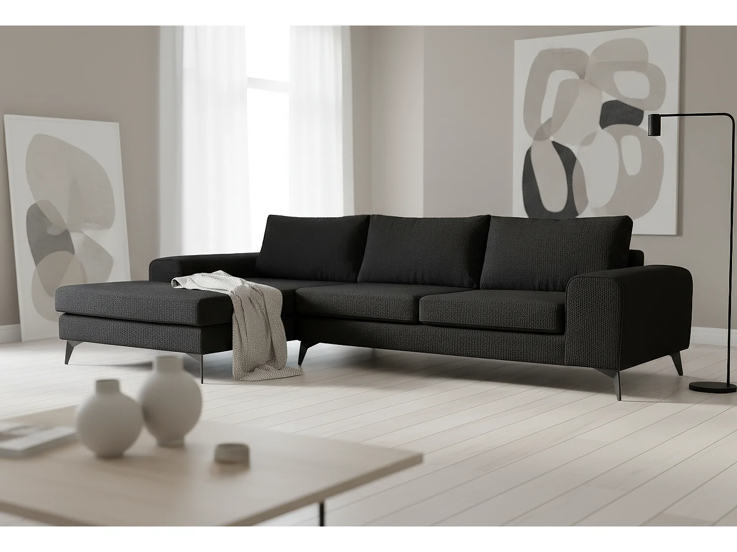 Venice Basket Weave Corner Sofa Left Facing in Black