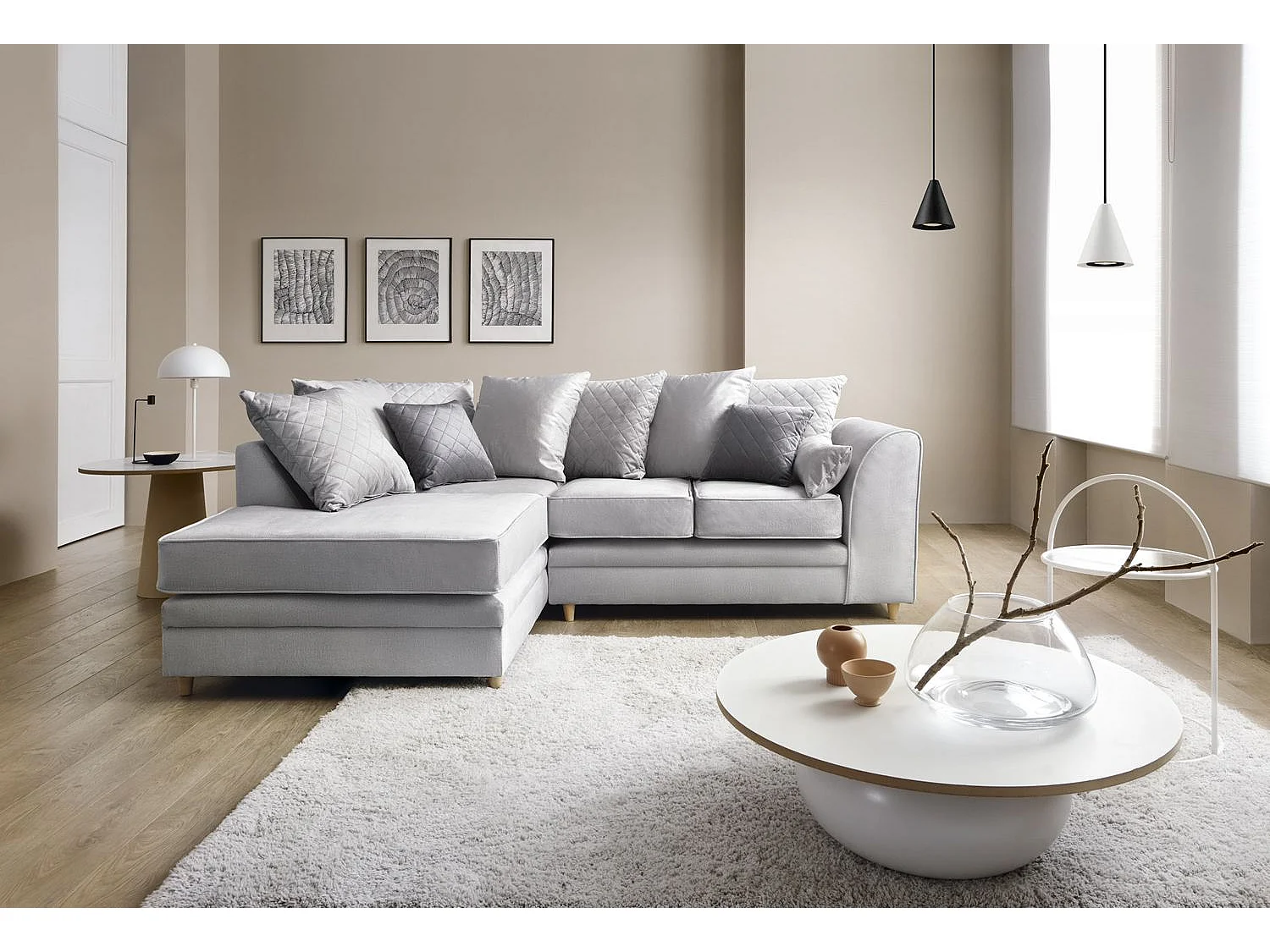 Chicago Velvet Left Facing Corner Sofa in Light Grey